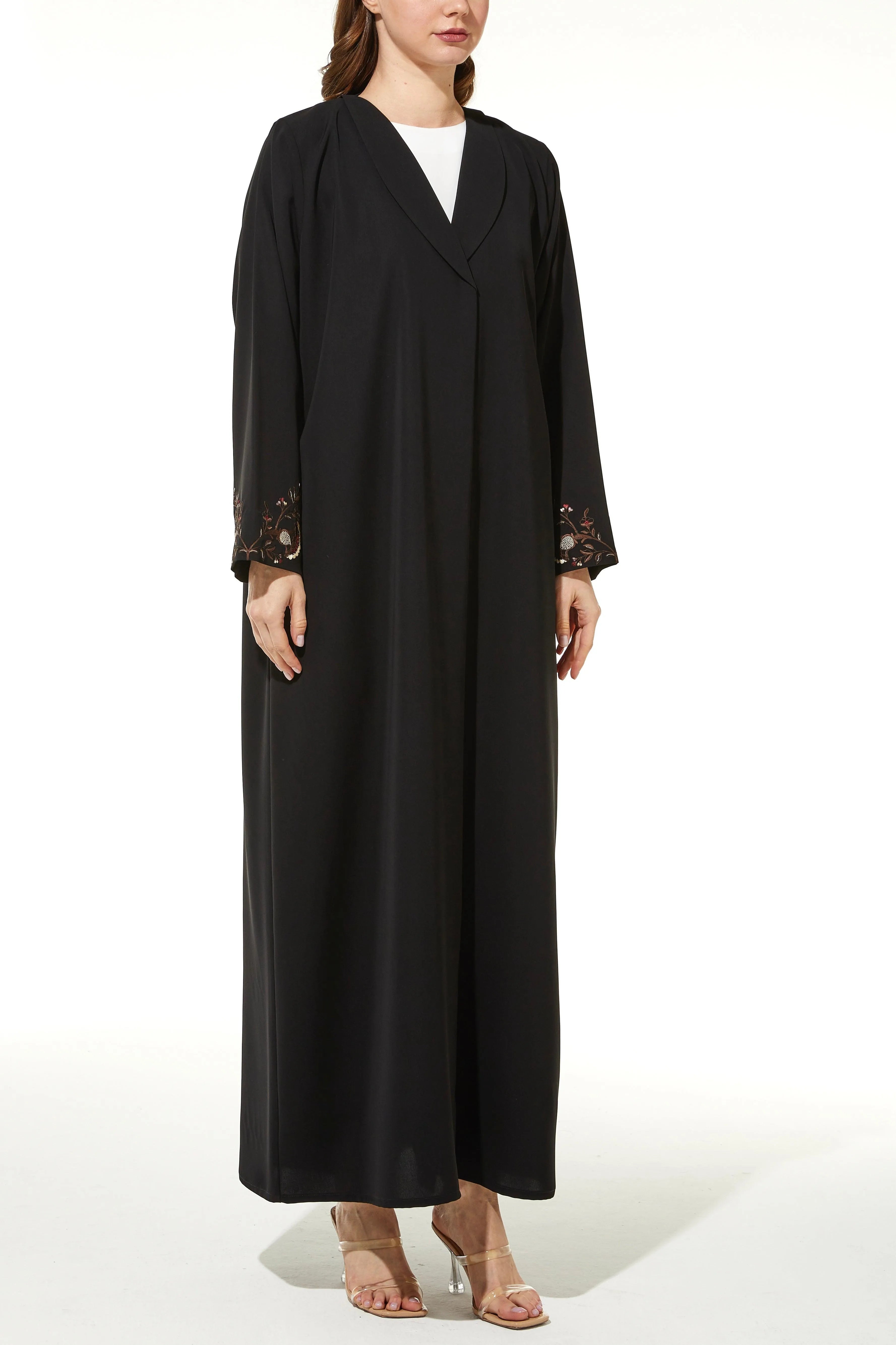 Black Iris Crepe Abaya with Sleeves Floral Embroidery - Posh Abaya