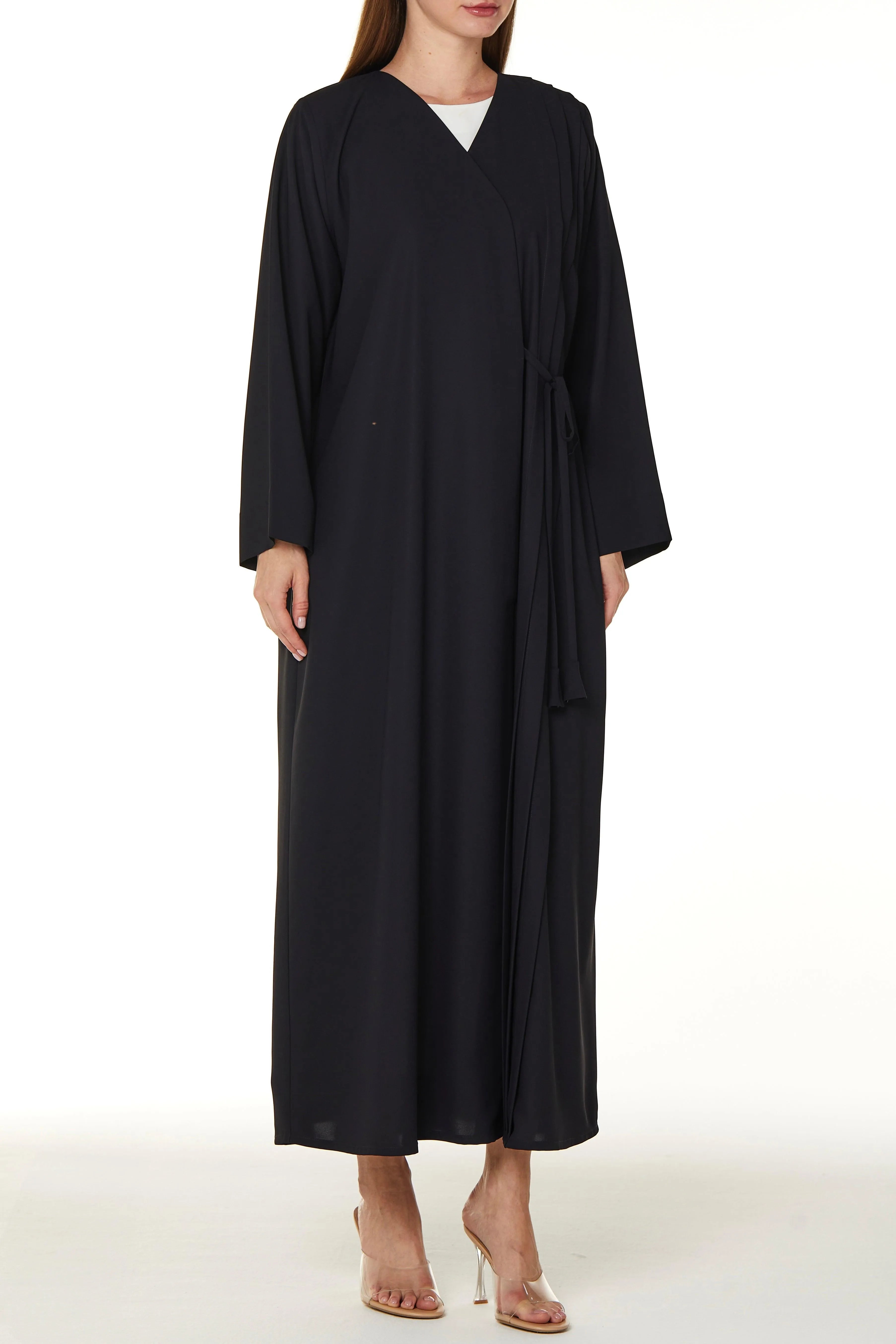 Black Cool Crepe Overlap Abaya with Front Tie-up with Pleats - Posh Abaya