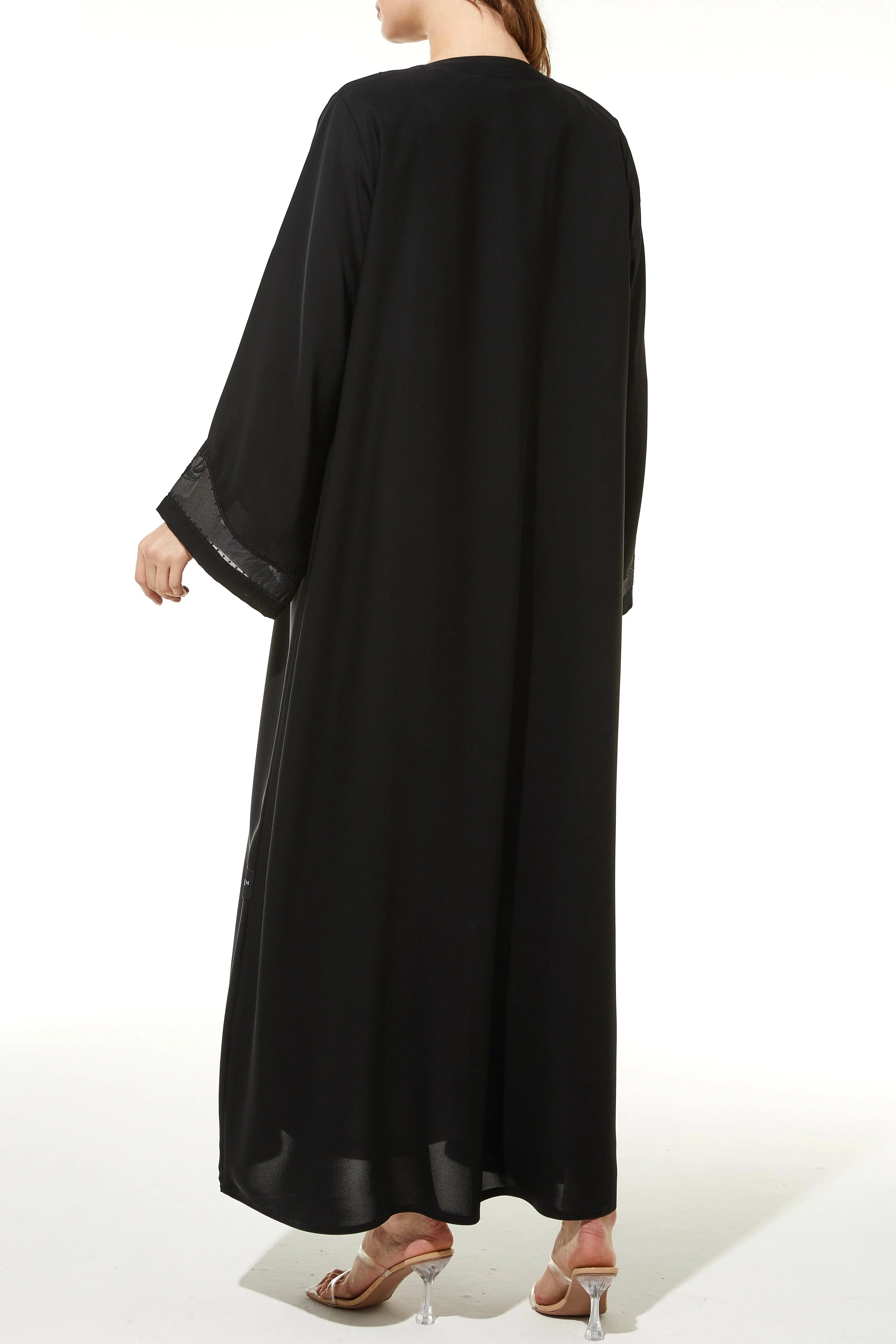 Black Classic Nada Abaya with Front Semi Floral Beadwork - Posh Abaya