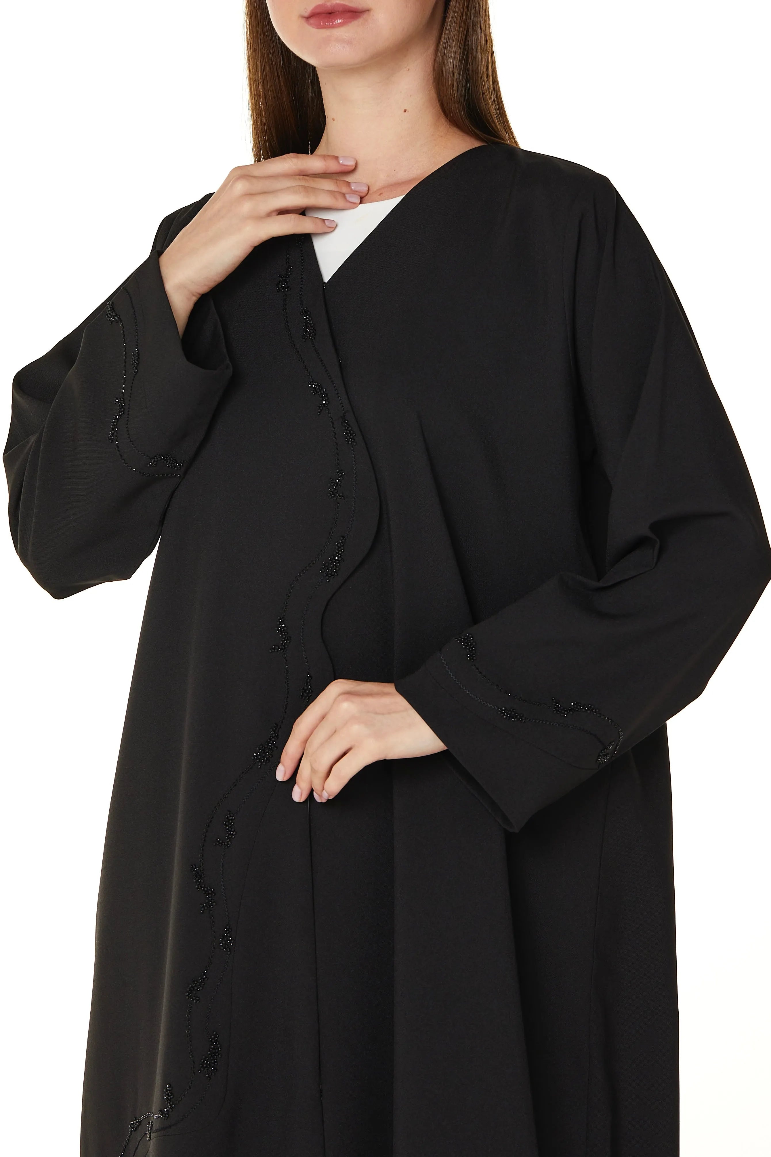 Black Kadi Crepe Abaya with Overlap Beadwork Panel - Posh Abaya