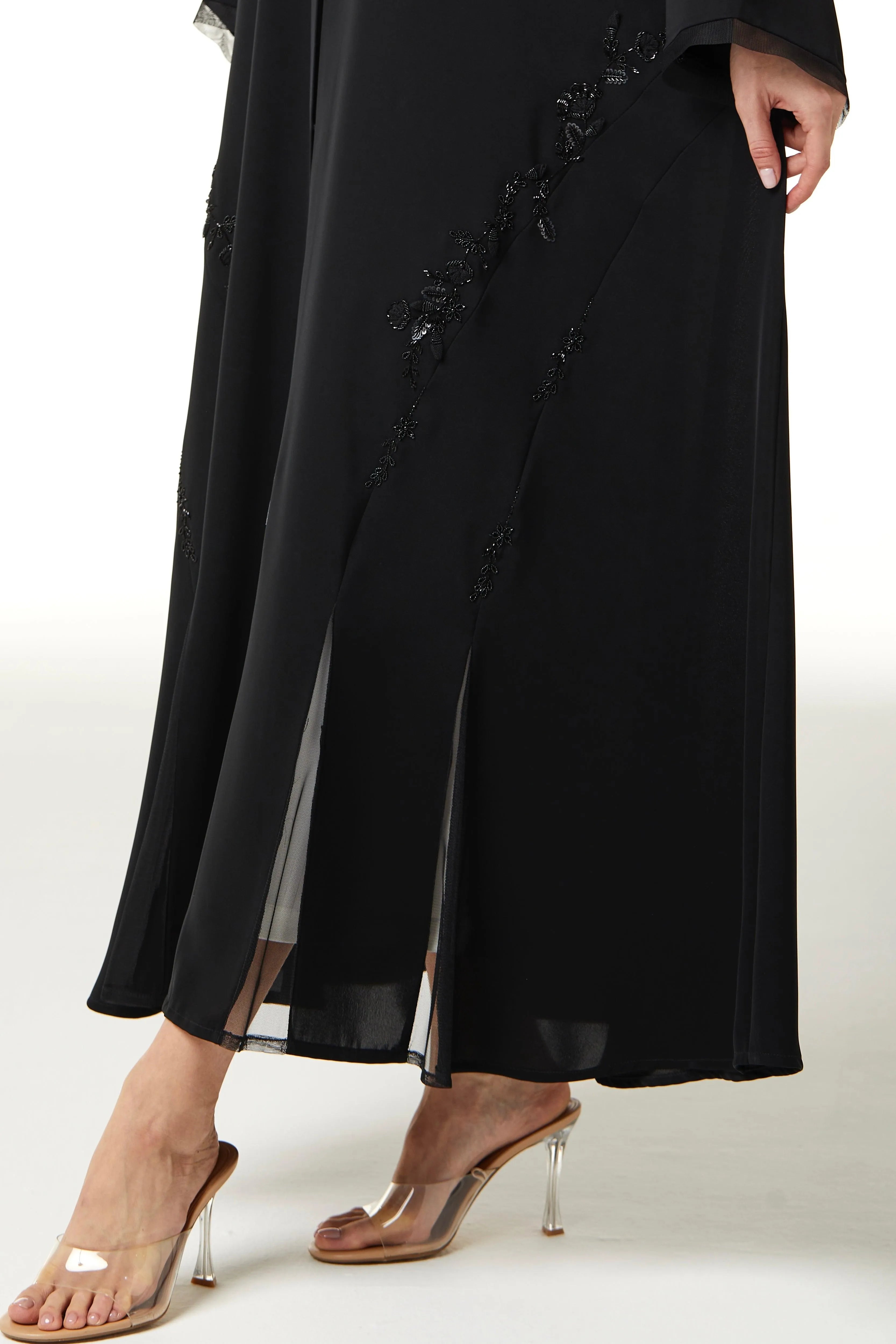 Black Royal Nada Abaya with Curvy Cuts and Floral Beadwork Detail - Posh Abaya