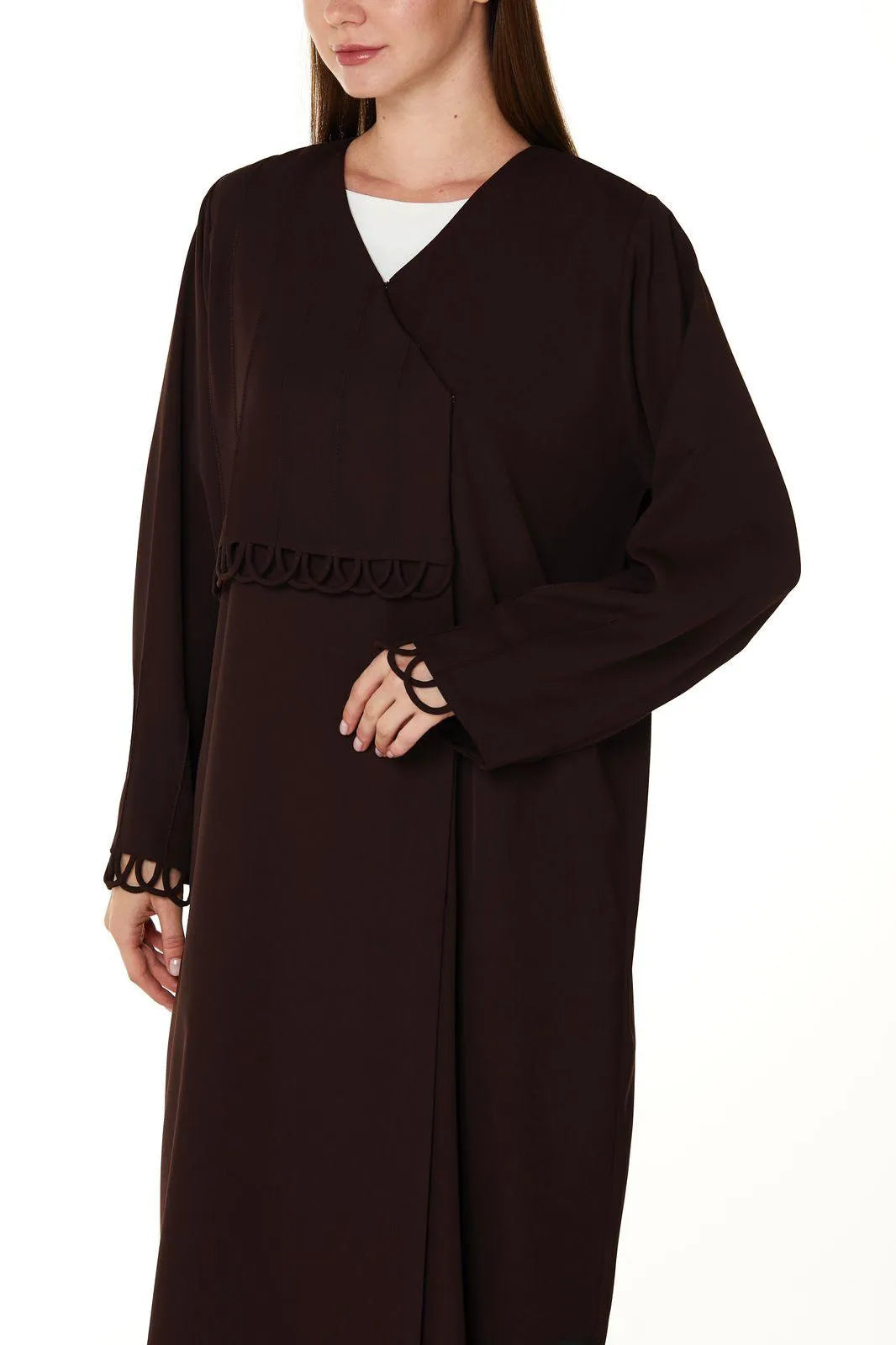 Brown Lavender Crepe Abaya with Front Overlap Loop Details - Posh Abaya