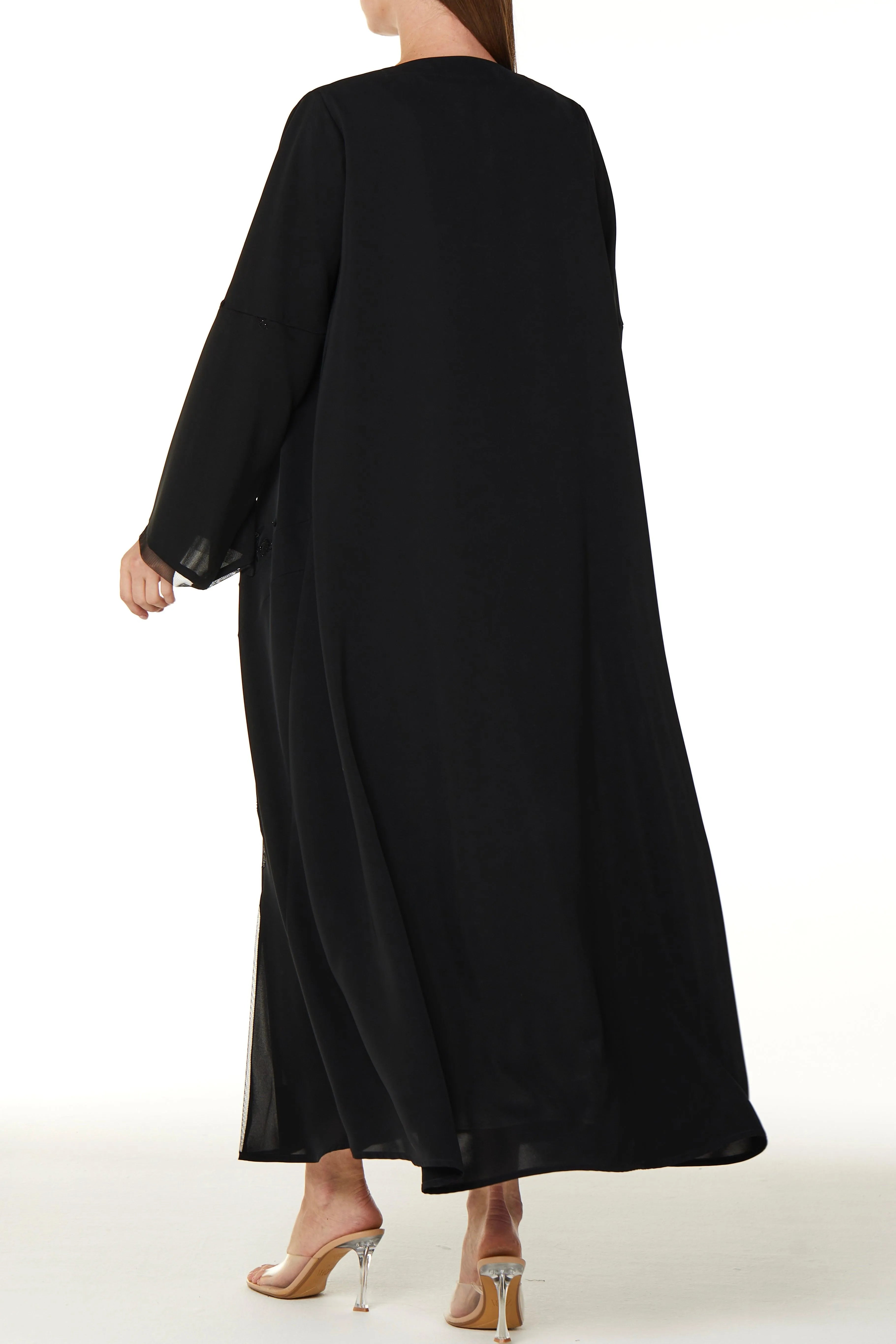 Black Royal Nada Abaya with Curvy Cuts and Floral Beadwork Detail - Posh Abaya