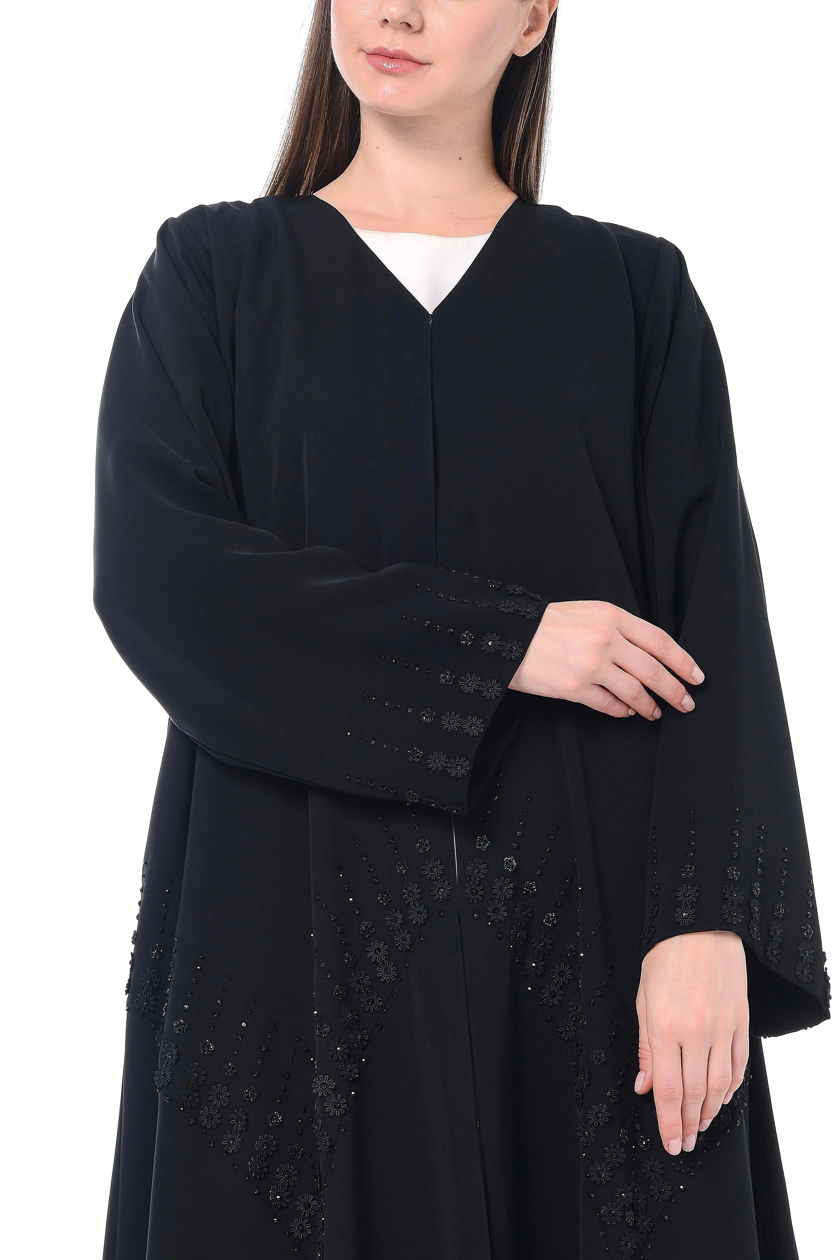 Black Royal Nada Abaya with Front Cut Adorned by Applique Flowers and Beadwork Detail - Posh Abaya