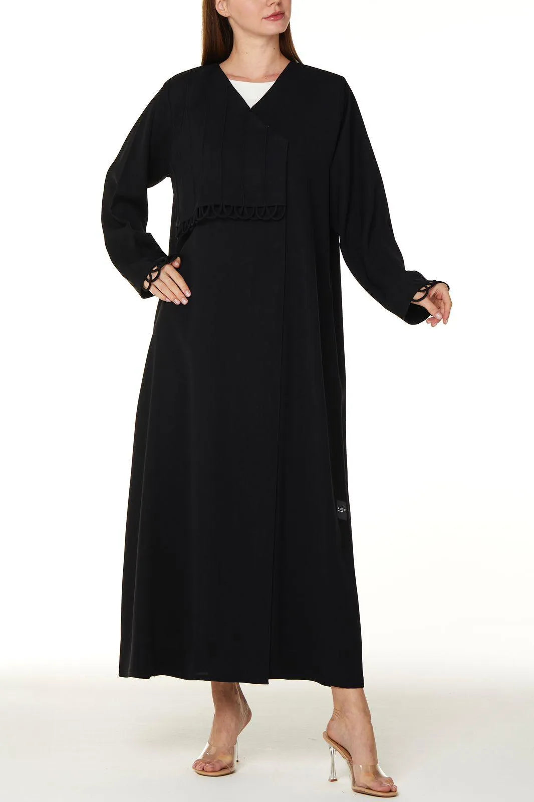 Black Layan Crepe Abaya with Front Overlap Loop Details - Posh Abaya