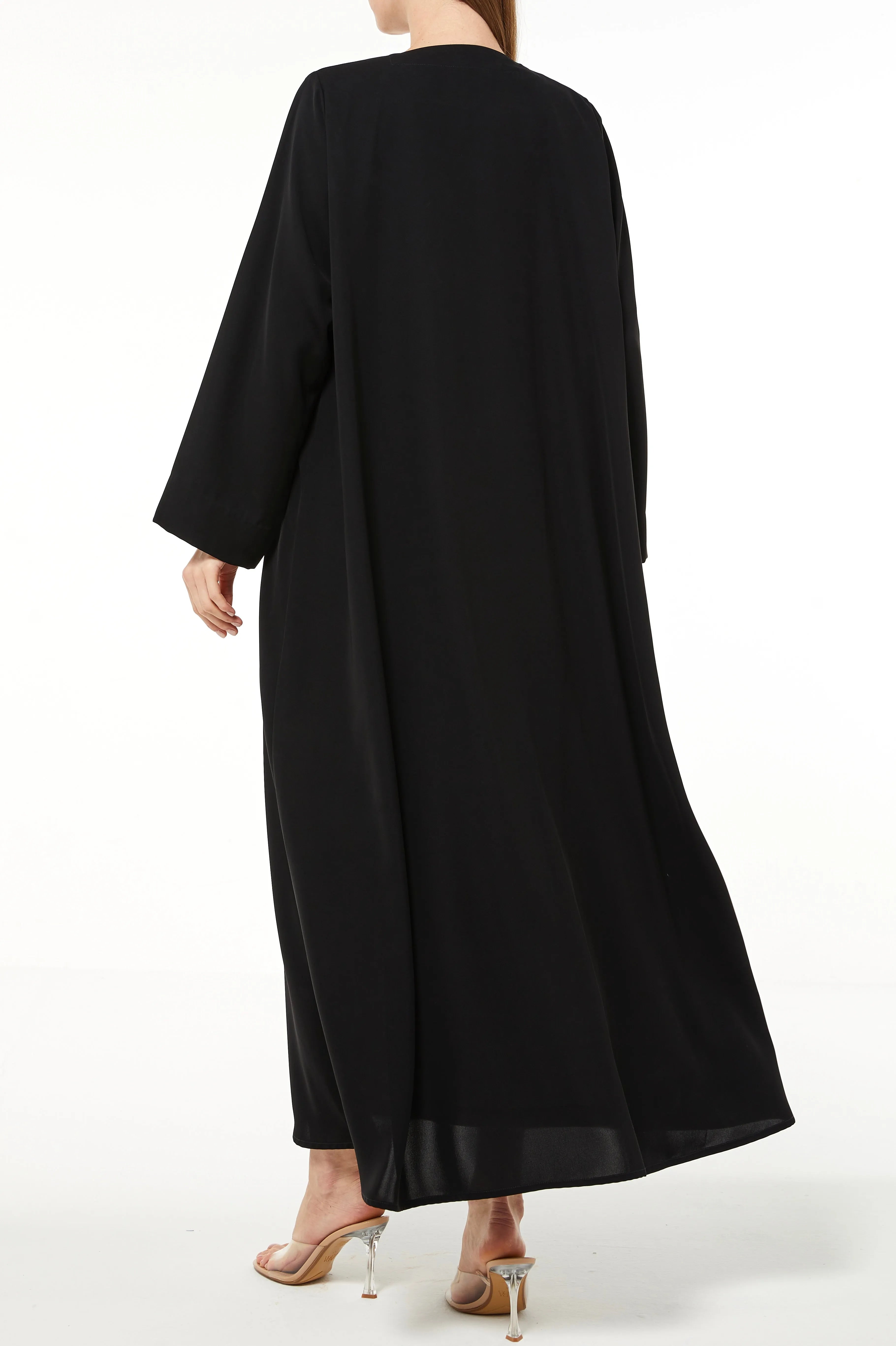 Black Aria Crepe Bisht Abaya with Front Floral Embroidery - Posh Abaya