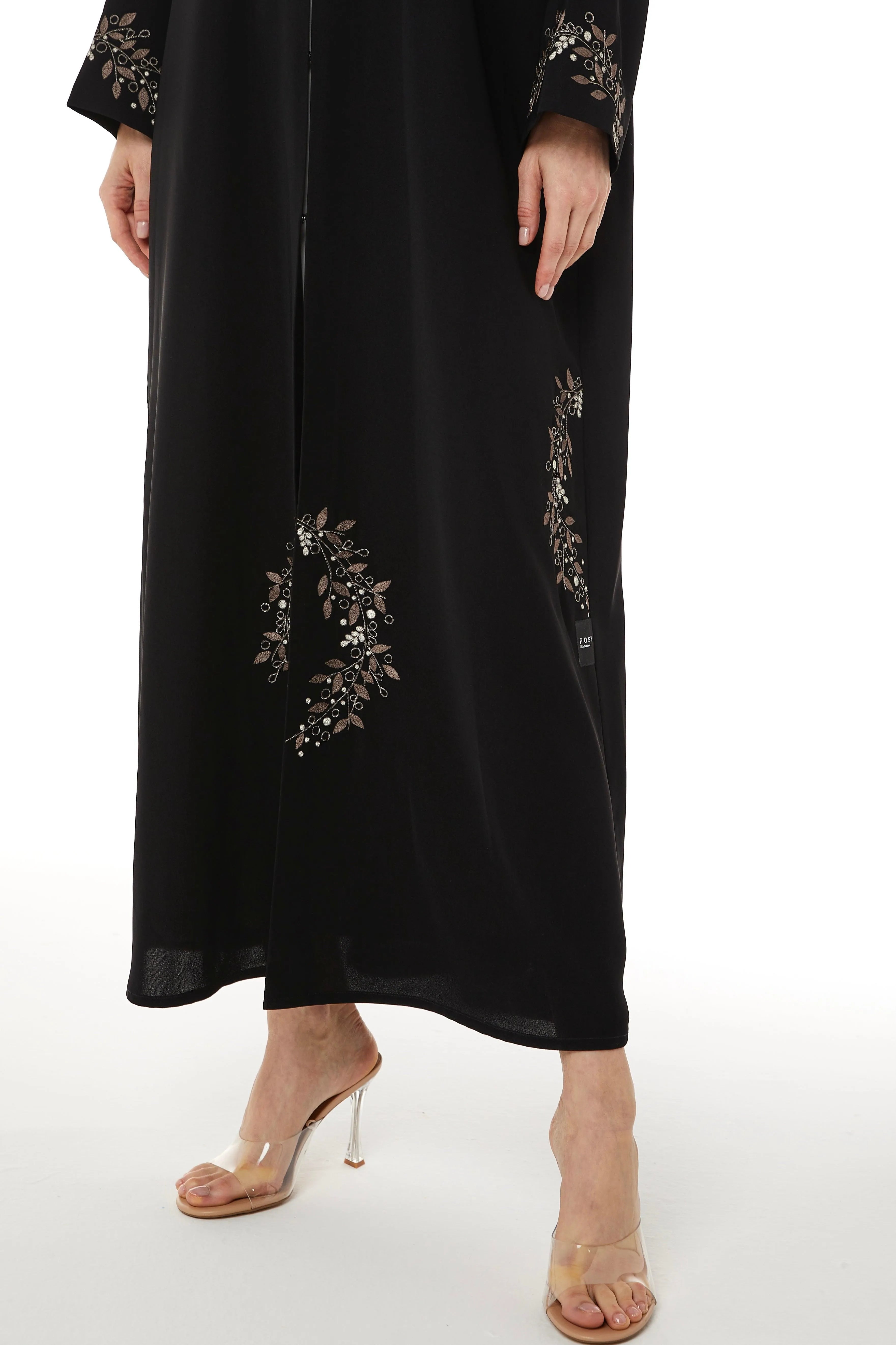 Black Tokyo Crepe with Floral Embroidery - Posh Abaya