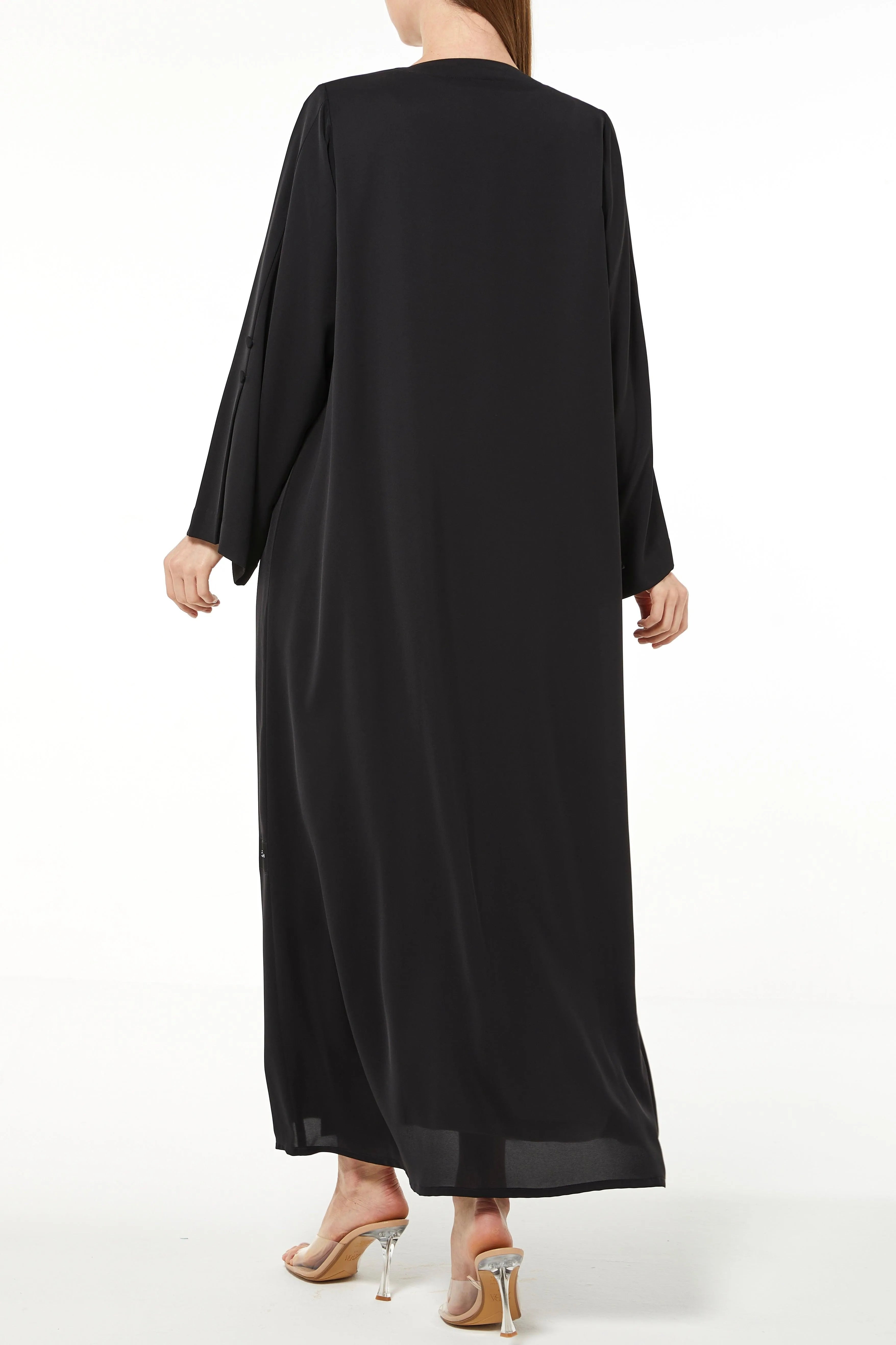 Black Remi Crepe Abaya with Sleek Pleat Buttons - Posh Abaya