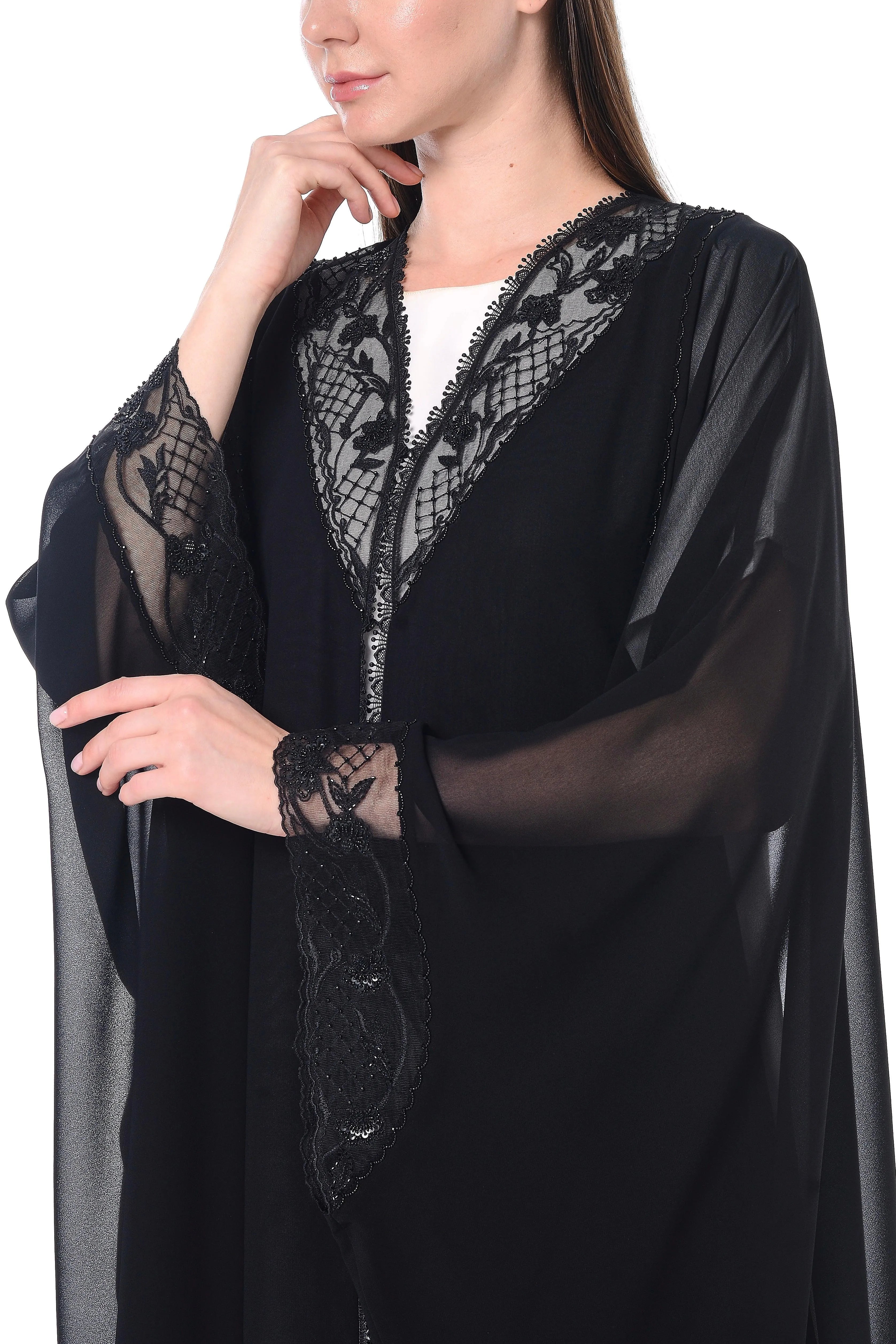 Black Malika Chiffon Bahraini Abaya with Lacework Details - Posh Abaya
