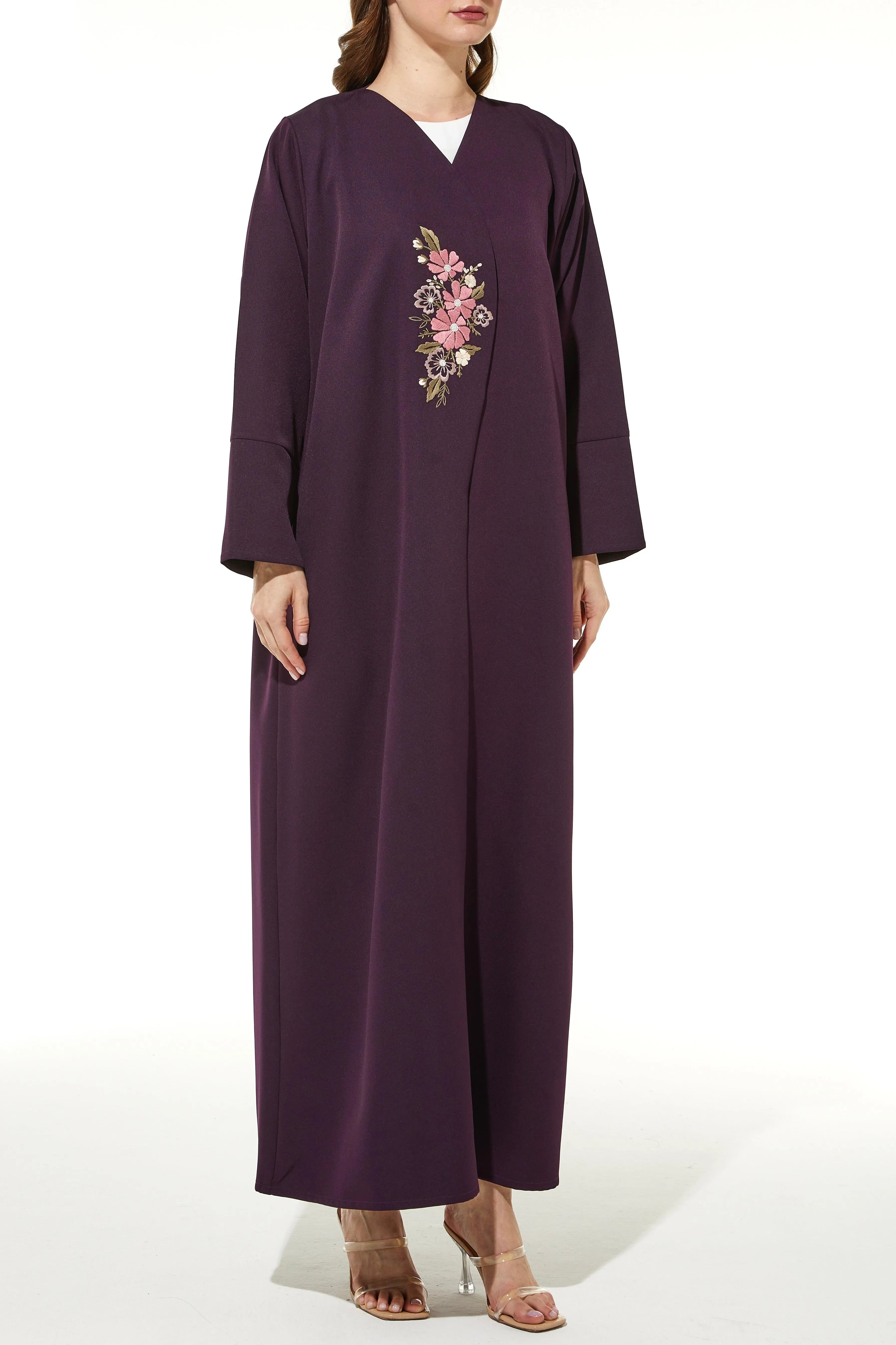 Purple Rochester Crepe Abaya with Handcrafted Embroidery Overlap - Posh Abaya