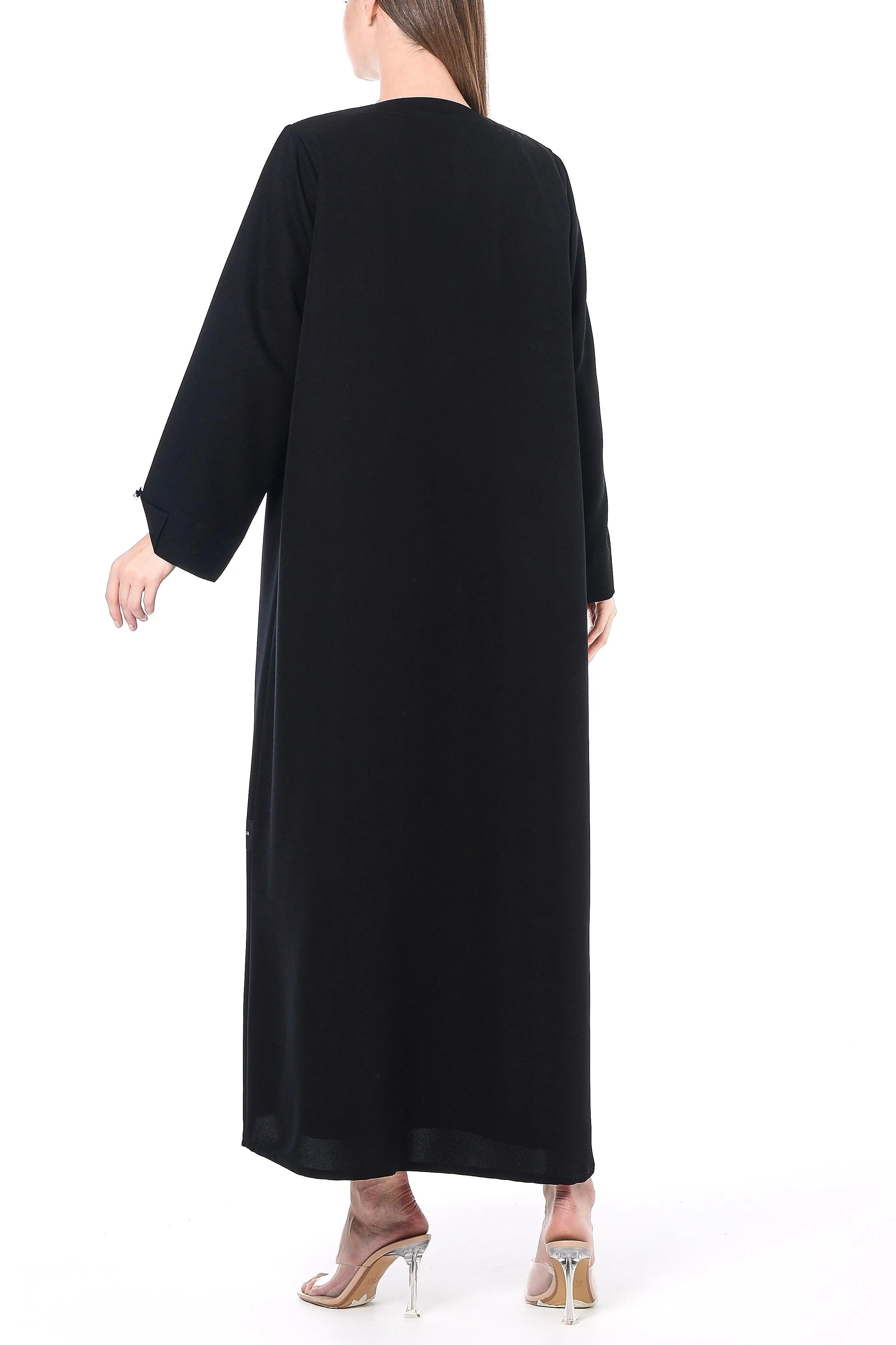 Black Emarati Crepe Abaya with Beaded Fabric Buttons - Posh Abaya