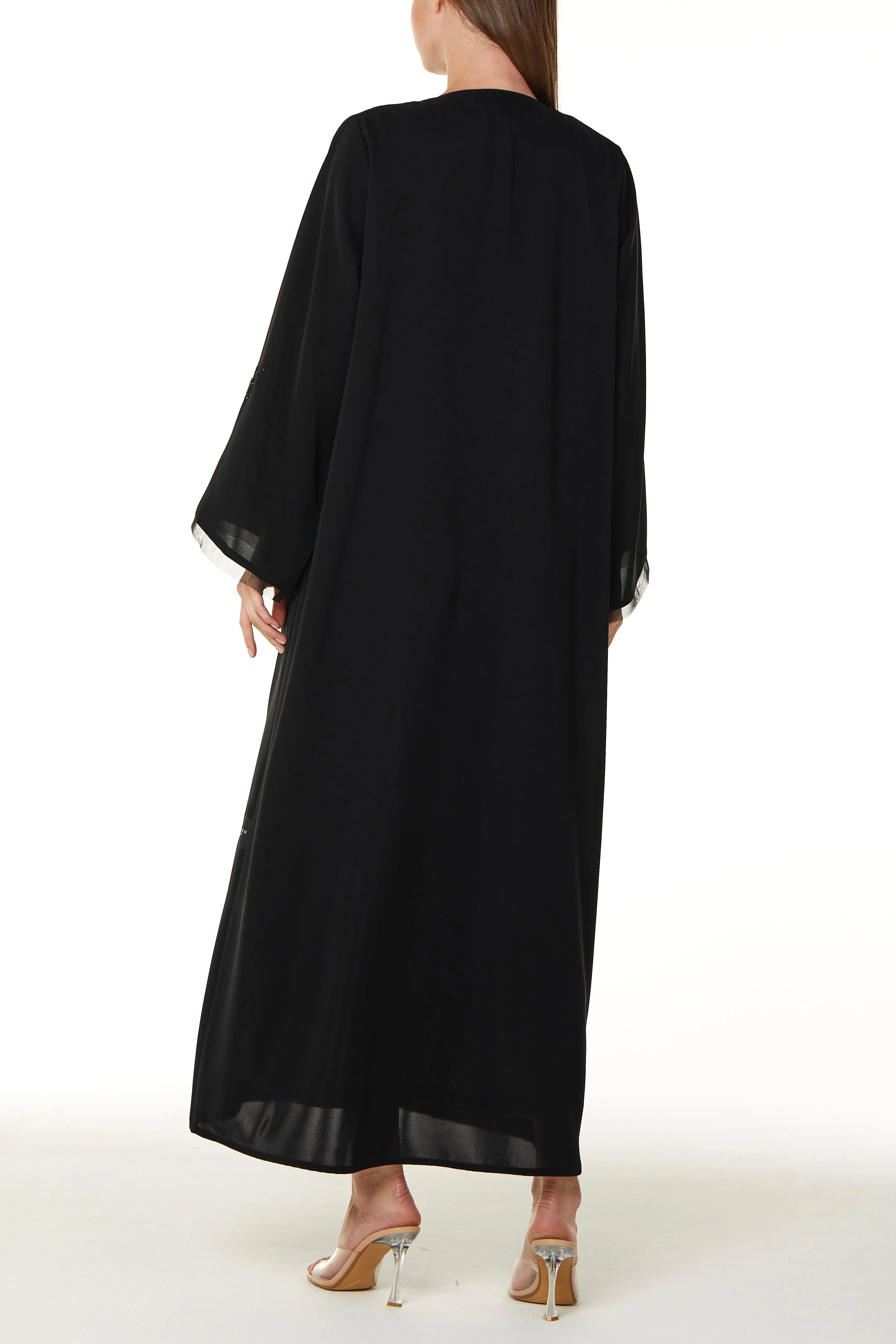 Black Royal Nada Abaya with Copper Beadwork Detail Adorned with Tulle - Posh Abaya
