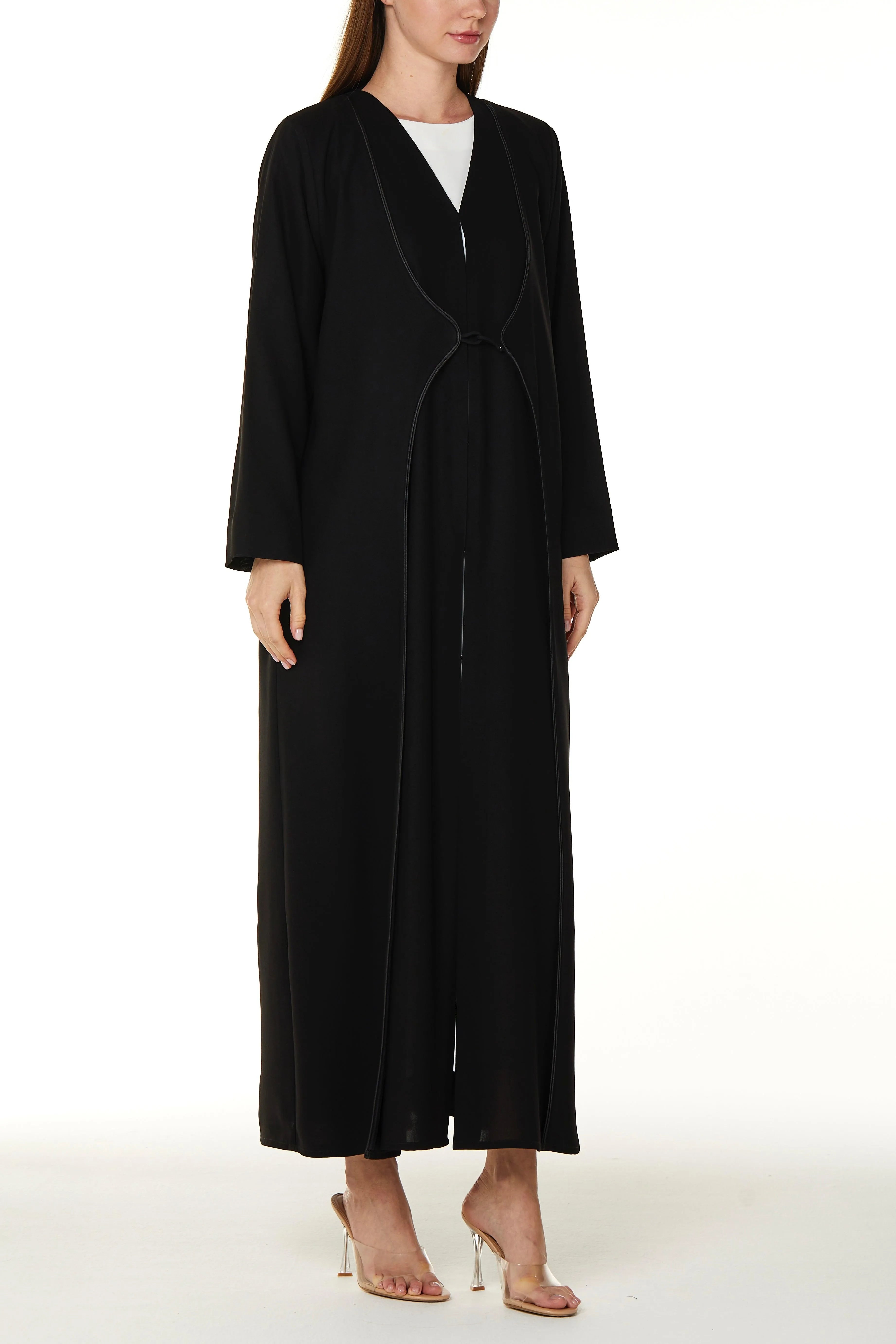 Black Nova Crepe Abaya with Front Loop Panel Details - Posh Abaya