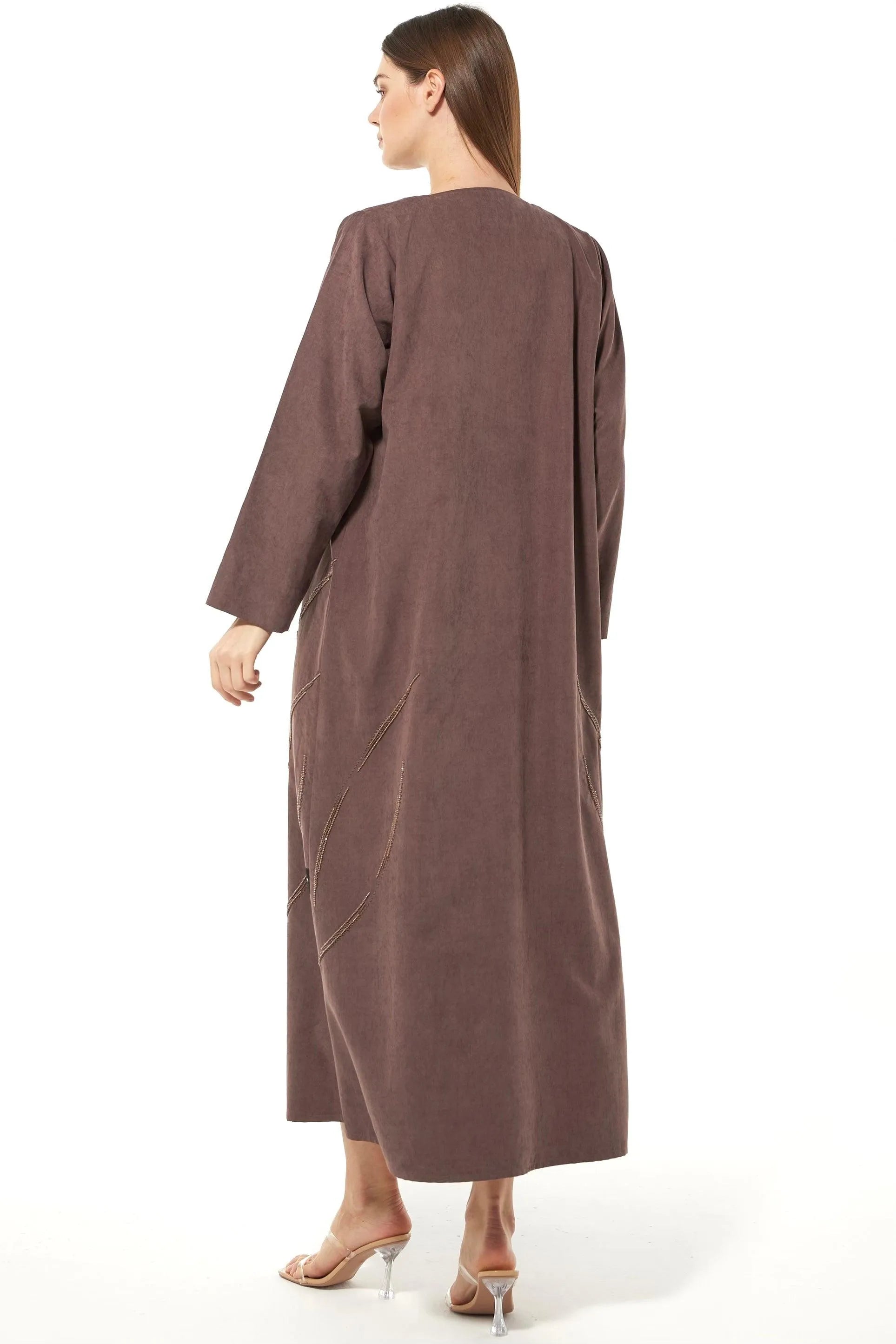 Curved Beadline Suede Blush Abaya - Posh Abaya