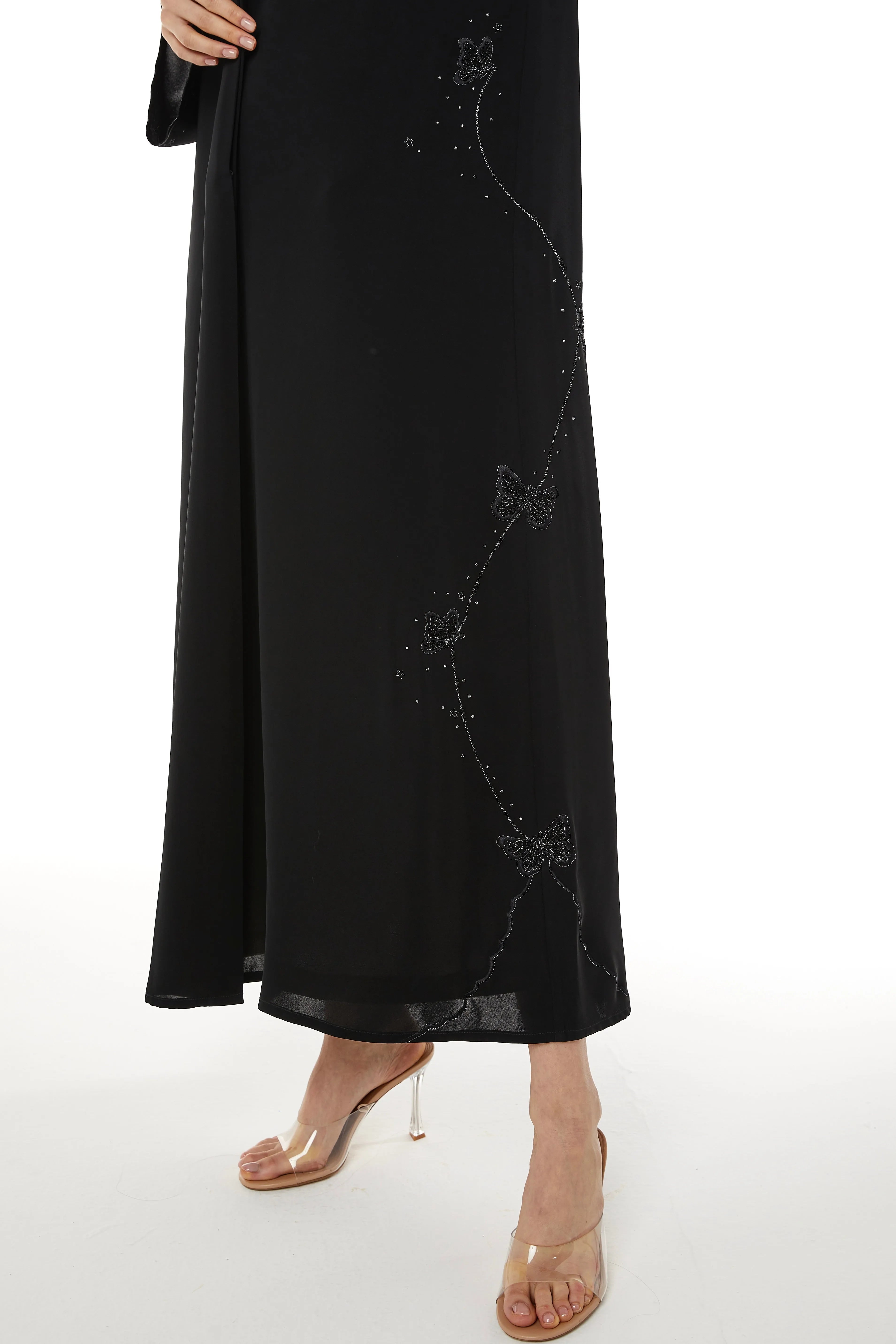 Black Salmi Nada Abaya with Flared Sleeves and Butterfly Embroidery - Posh Abaya