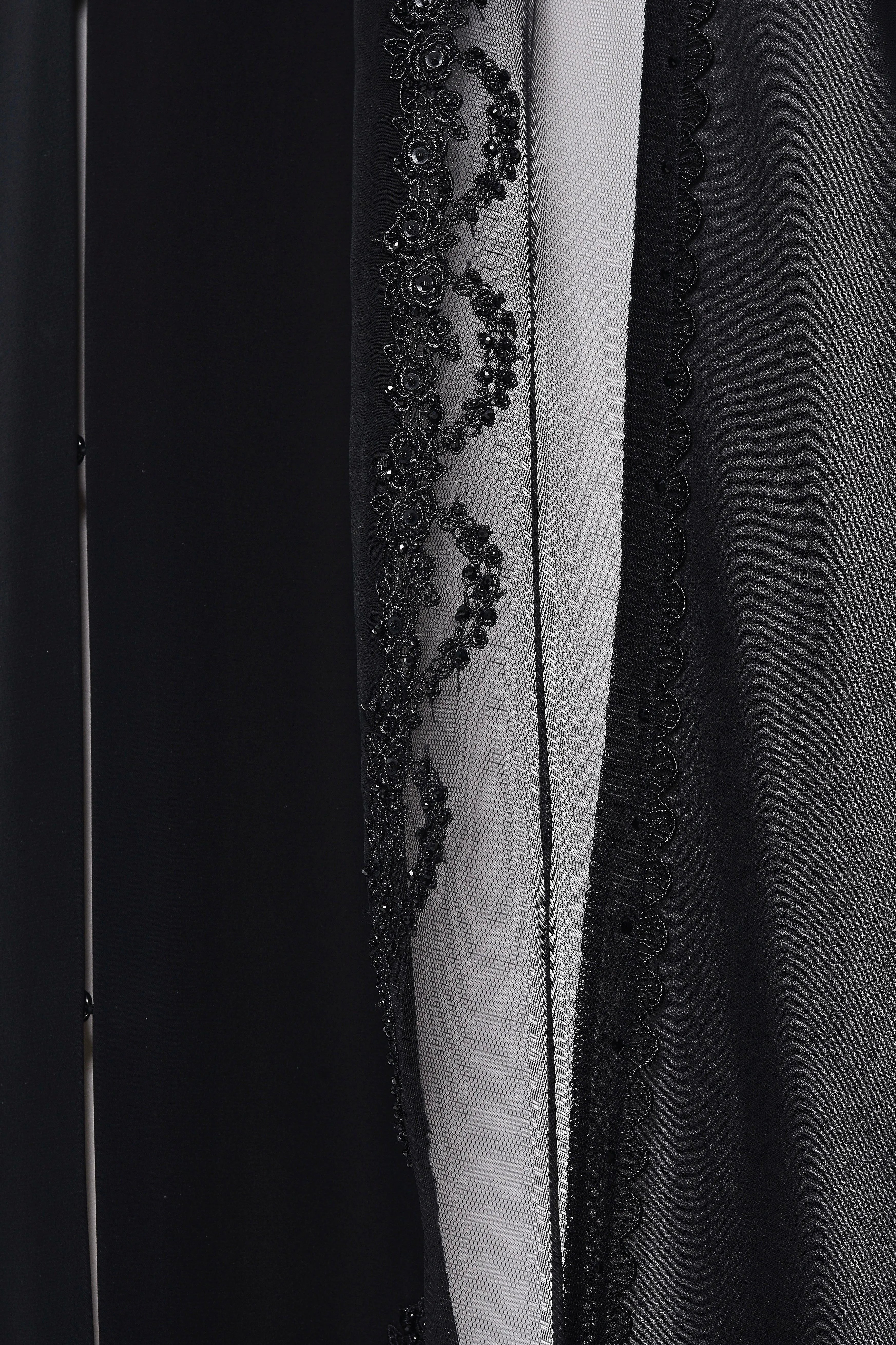 Black Royal Nada Abaya with Front Cuts Adorned by Lacework Detail - Posh Abaya