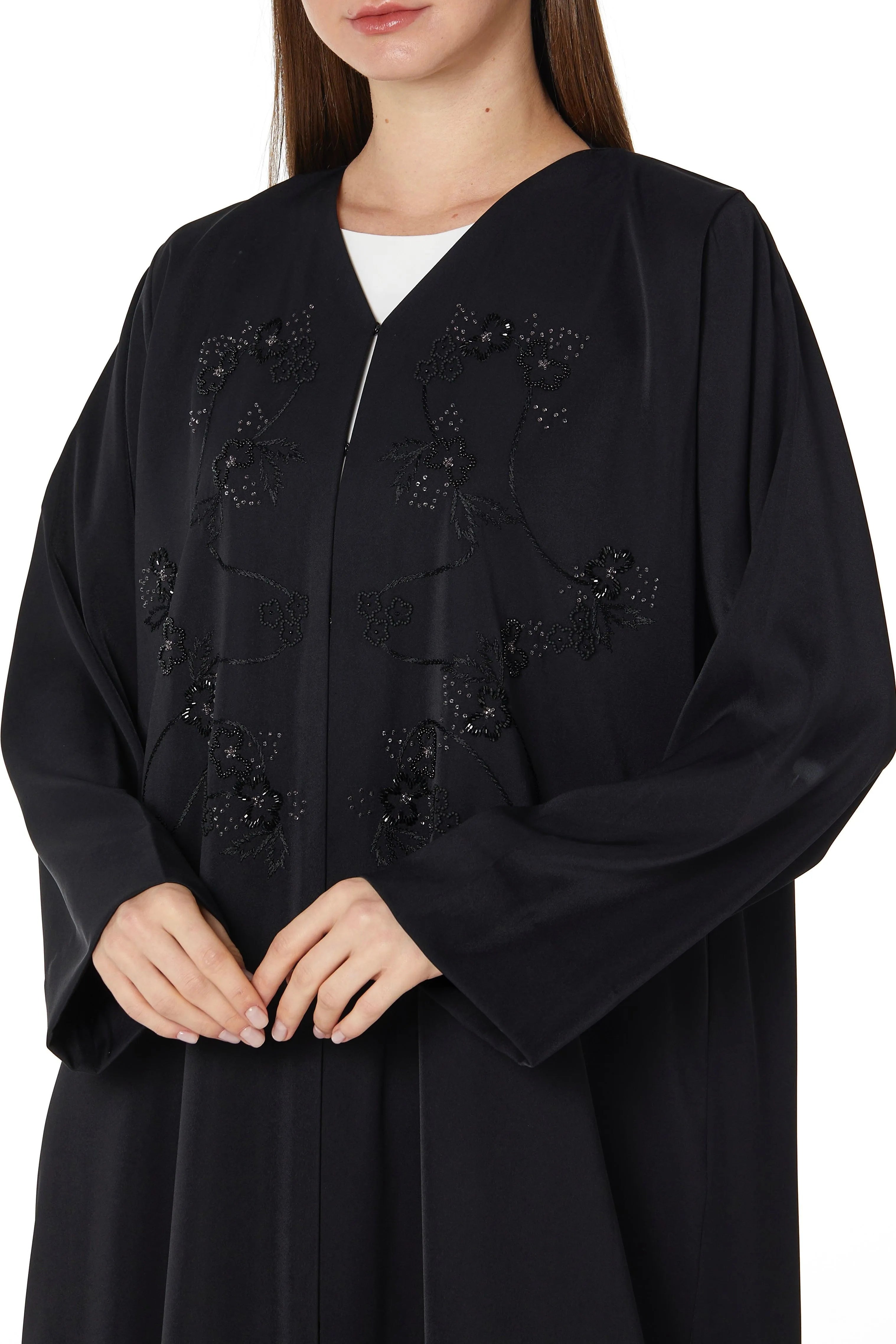 Black Rose Crepe Abaya with Front Atrful Threadwork - Posh Abaya