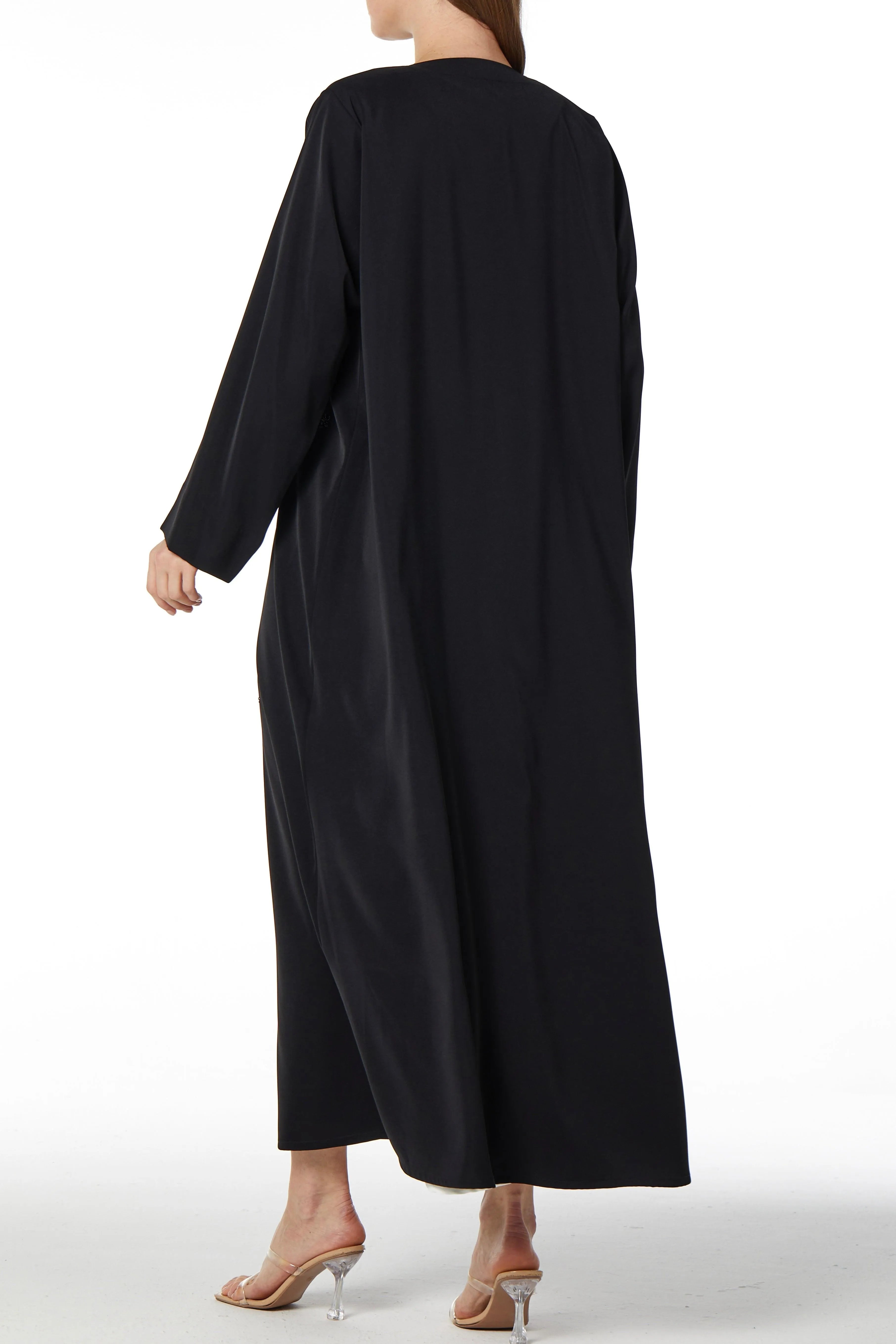 Black rose Crepe Abaya with Front Floral Threadwork - Posh Abaya