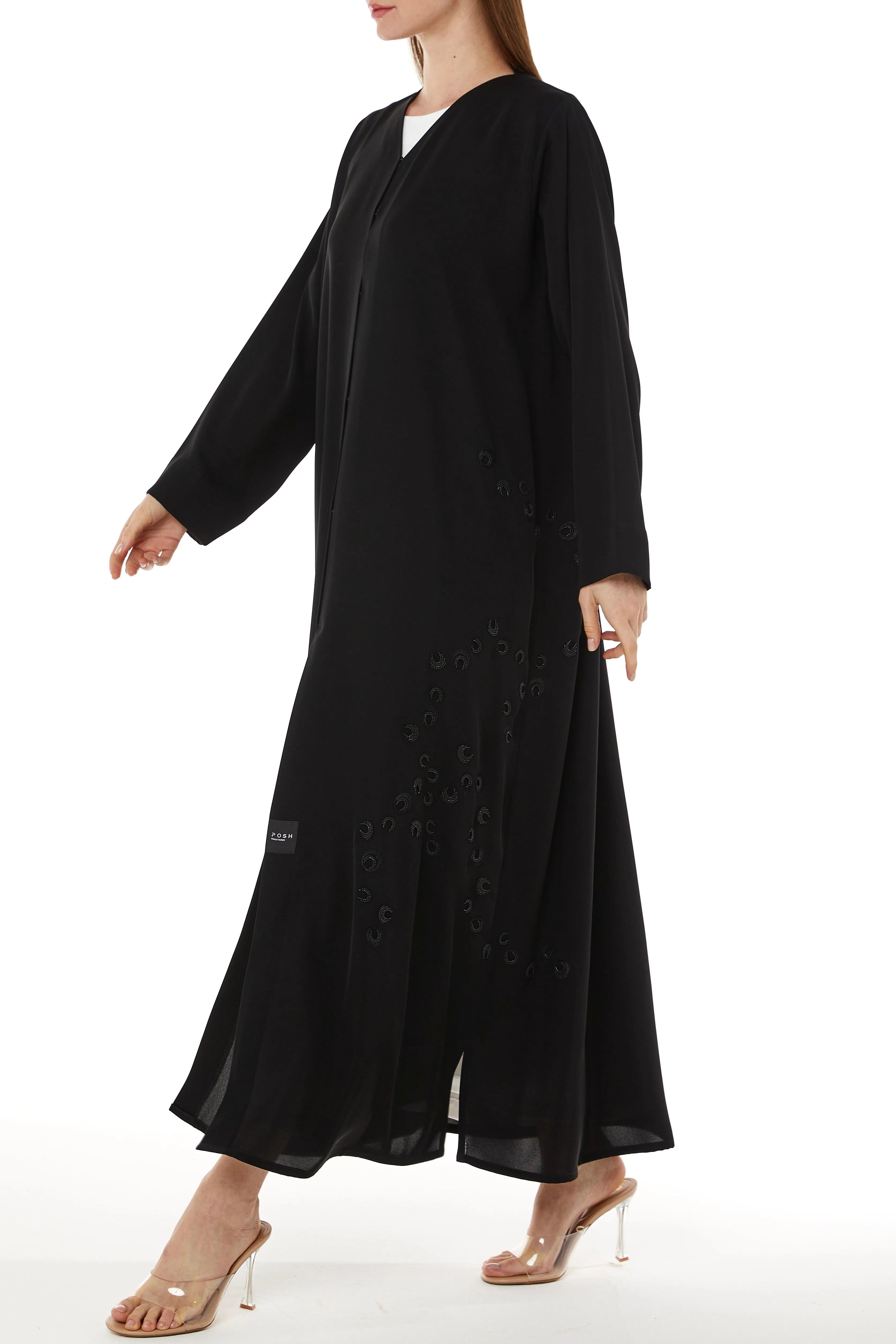 Black Farasha Crepe Abaya with Front Scattered Beadwork - Posh Abaya