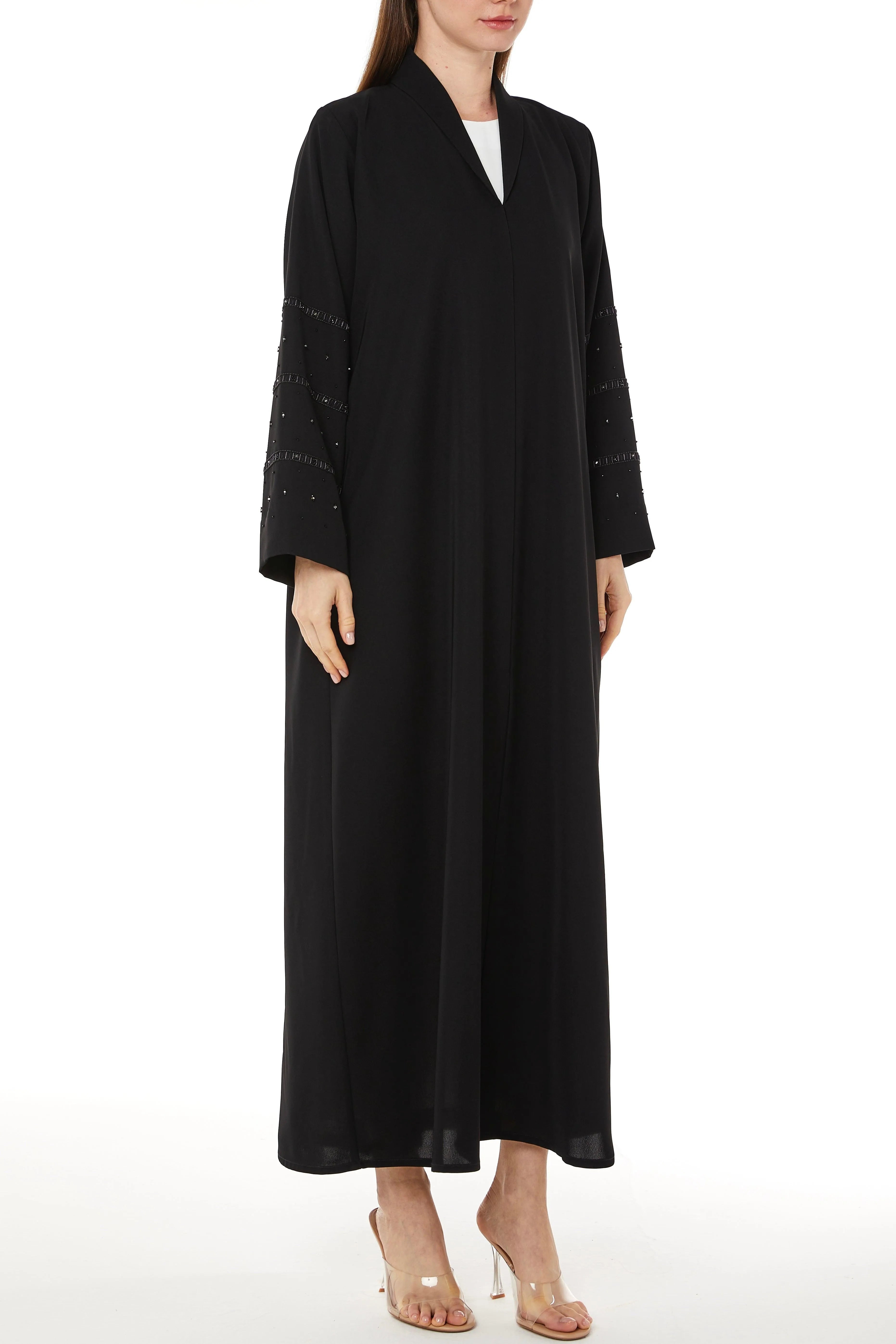 Black Tokyo Crepe Abaya with Collar and Beadwork on Sleeves - Posh Abaya
