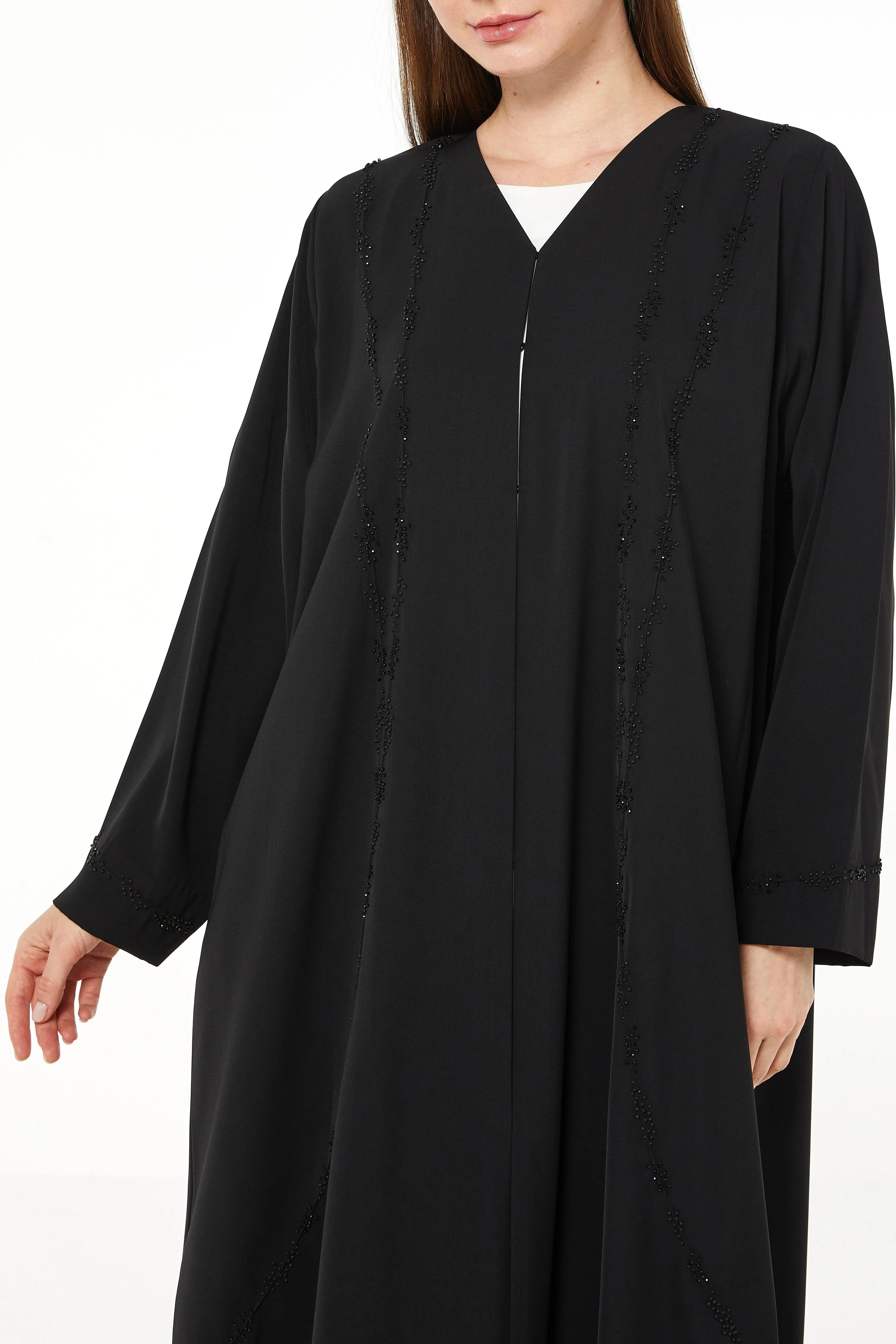 Black Tiana Crepe Abaya with Front Art Lines Beadwork - Posh Abaya