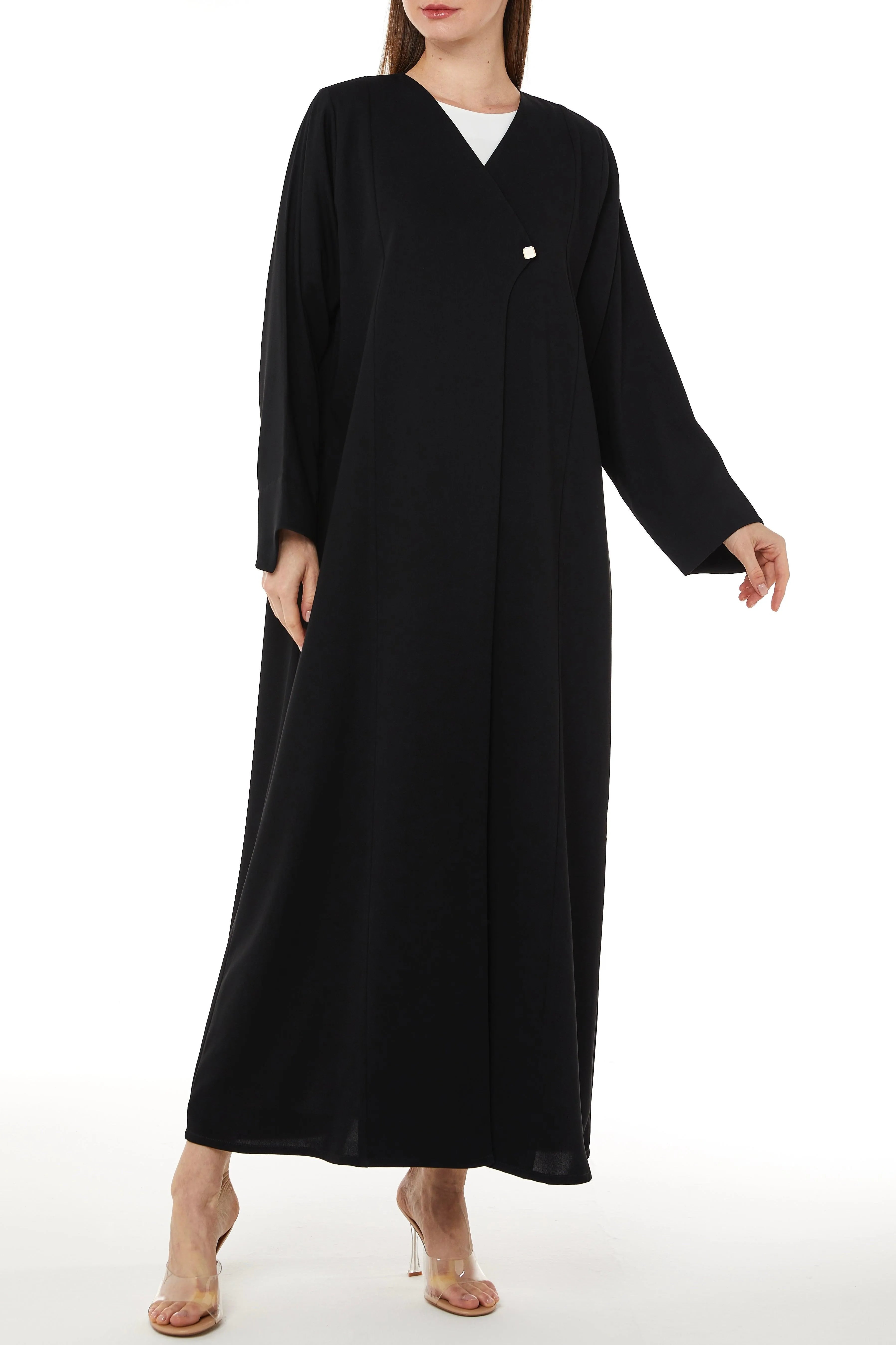 Black Layan Crepe Abaya with Overlap Front - Posh Abaya