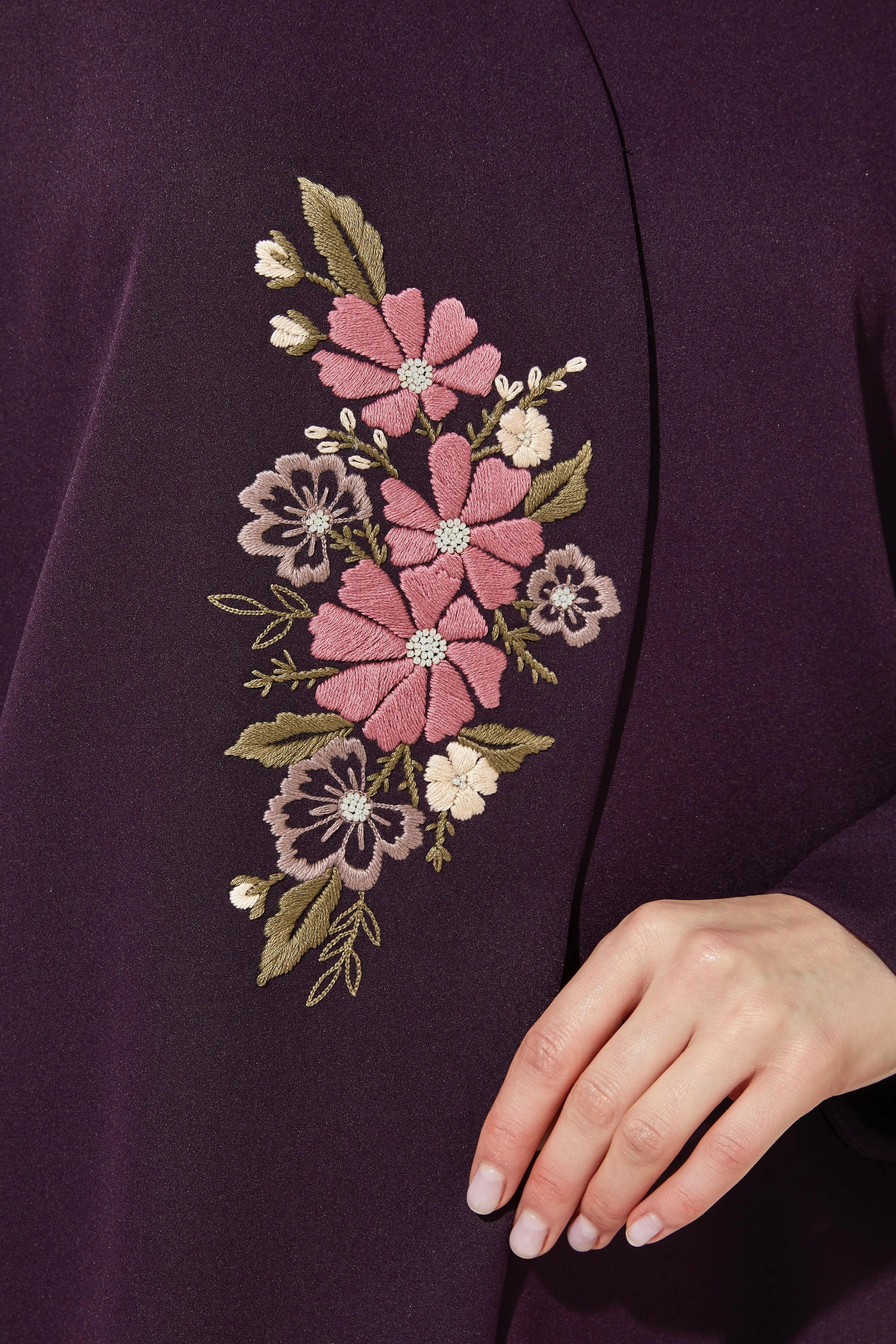 Purple Rochester Crepe Abaya with Handcrafted Embroidery Overlap - Posh Abaya