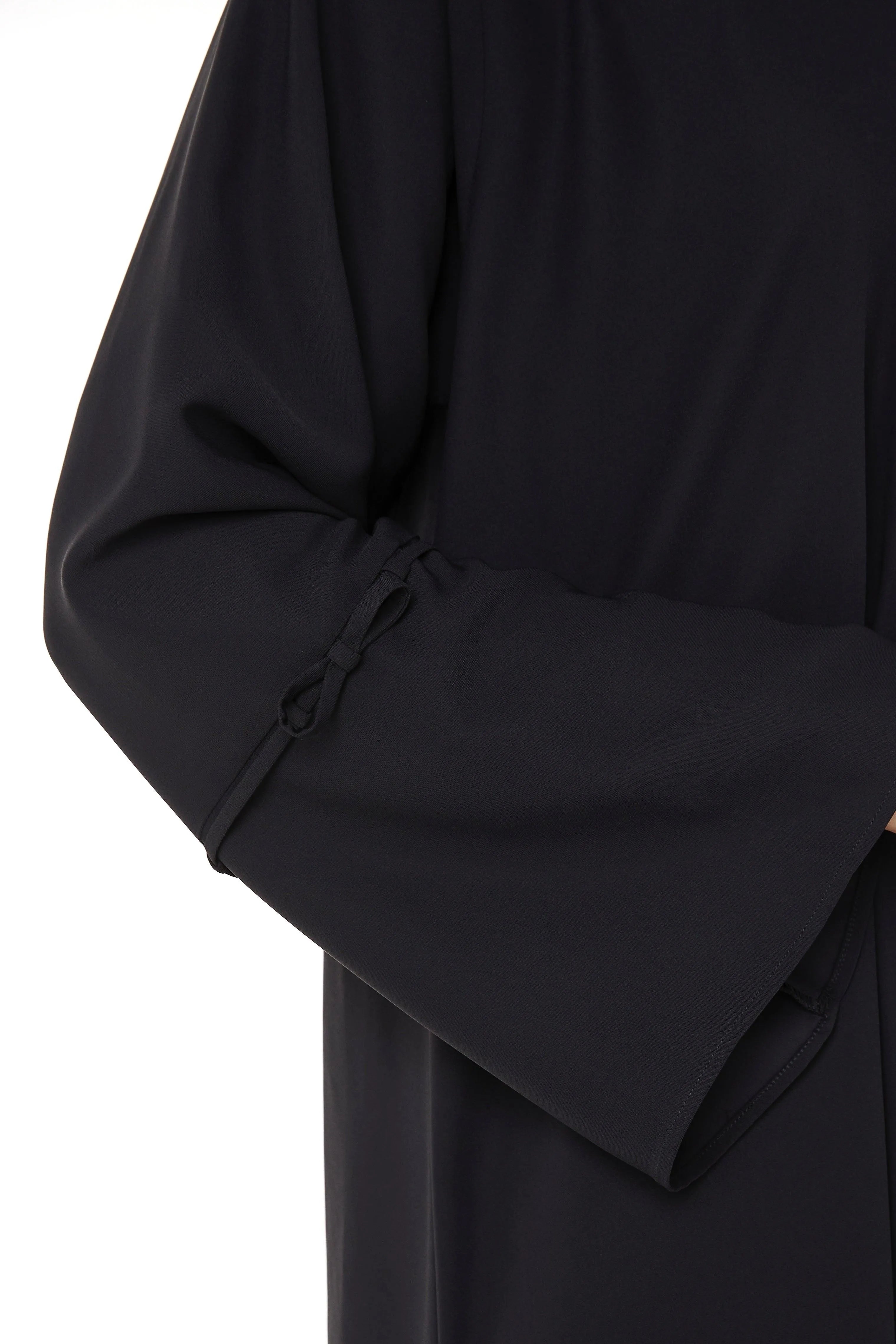 Black Cool Crepe Abaya with Miniature Bow Ties on Sleeves - Posh Abaya