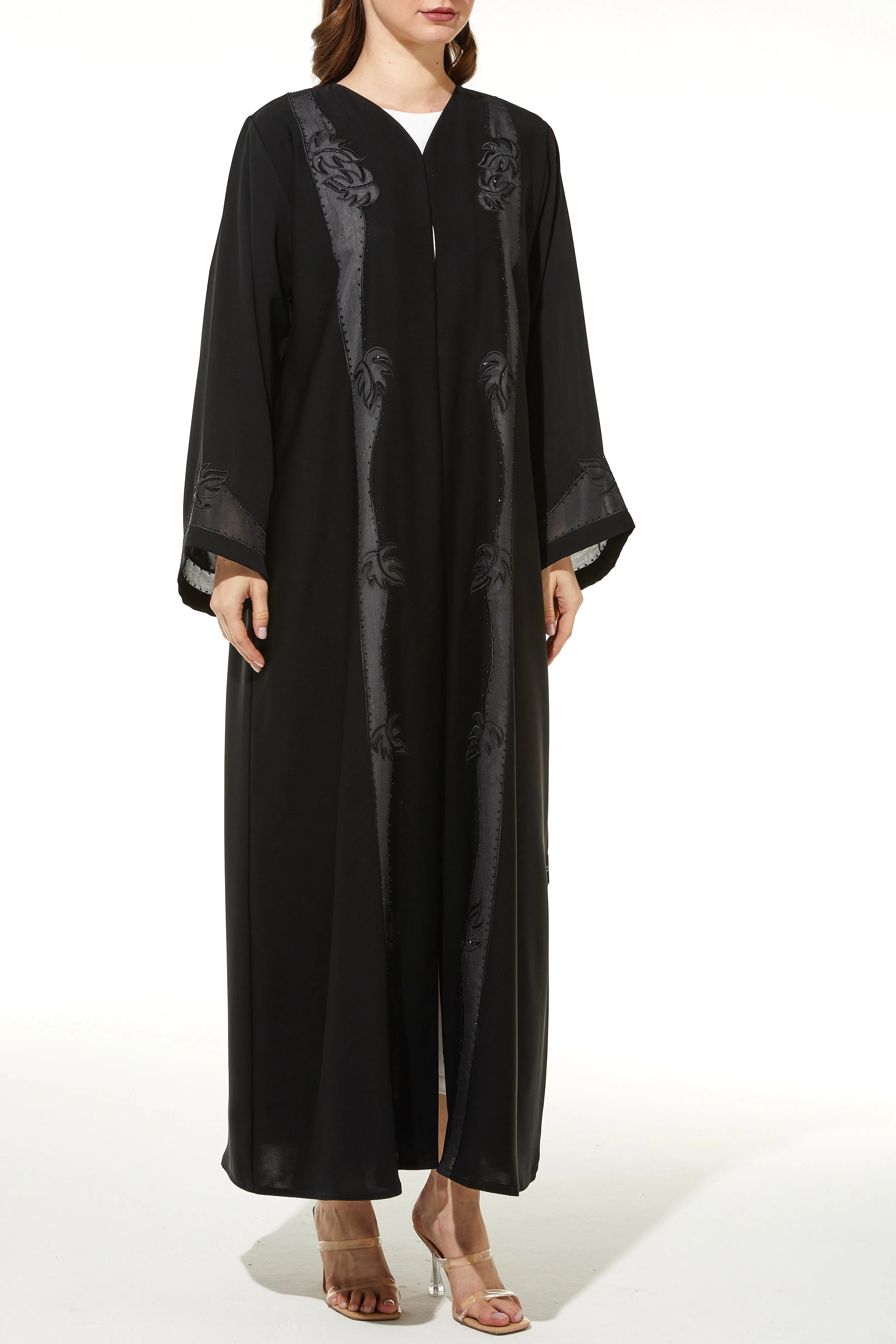 Black Classic Nada Abaya with Front Semi Floral Beadwork - Posh Abaya