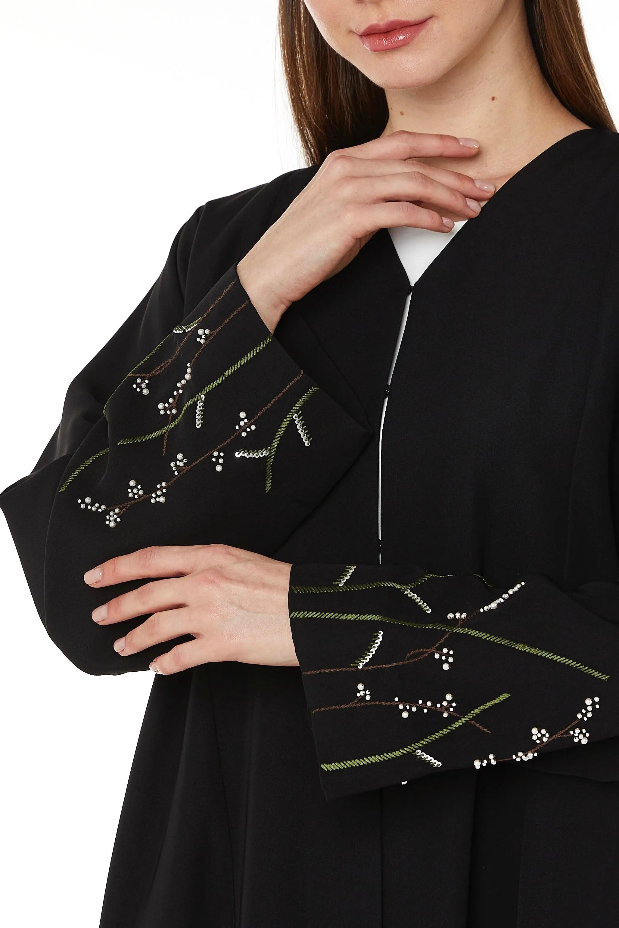 Black Tokyo Crepe Abaya with Sleeves Embelishments - Posh Abaya