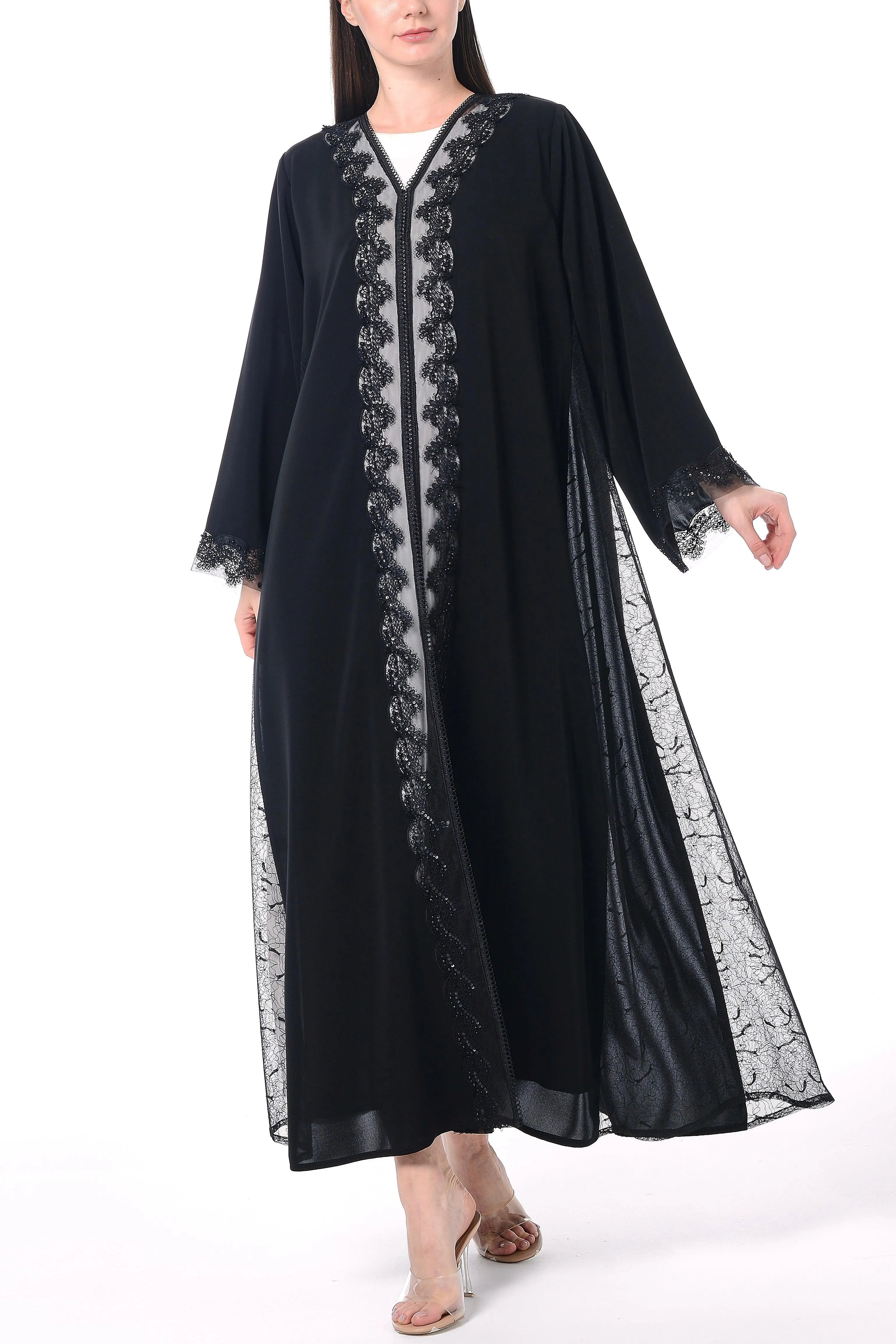 Black Royal Nada Abaya with Side French Tulle and Front Beadwork Detail - Posh Abaya