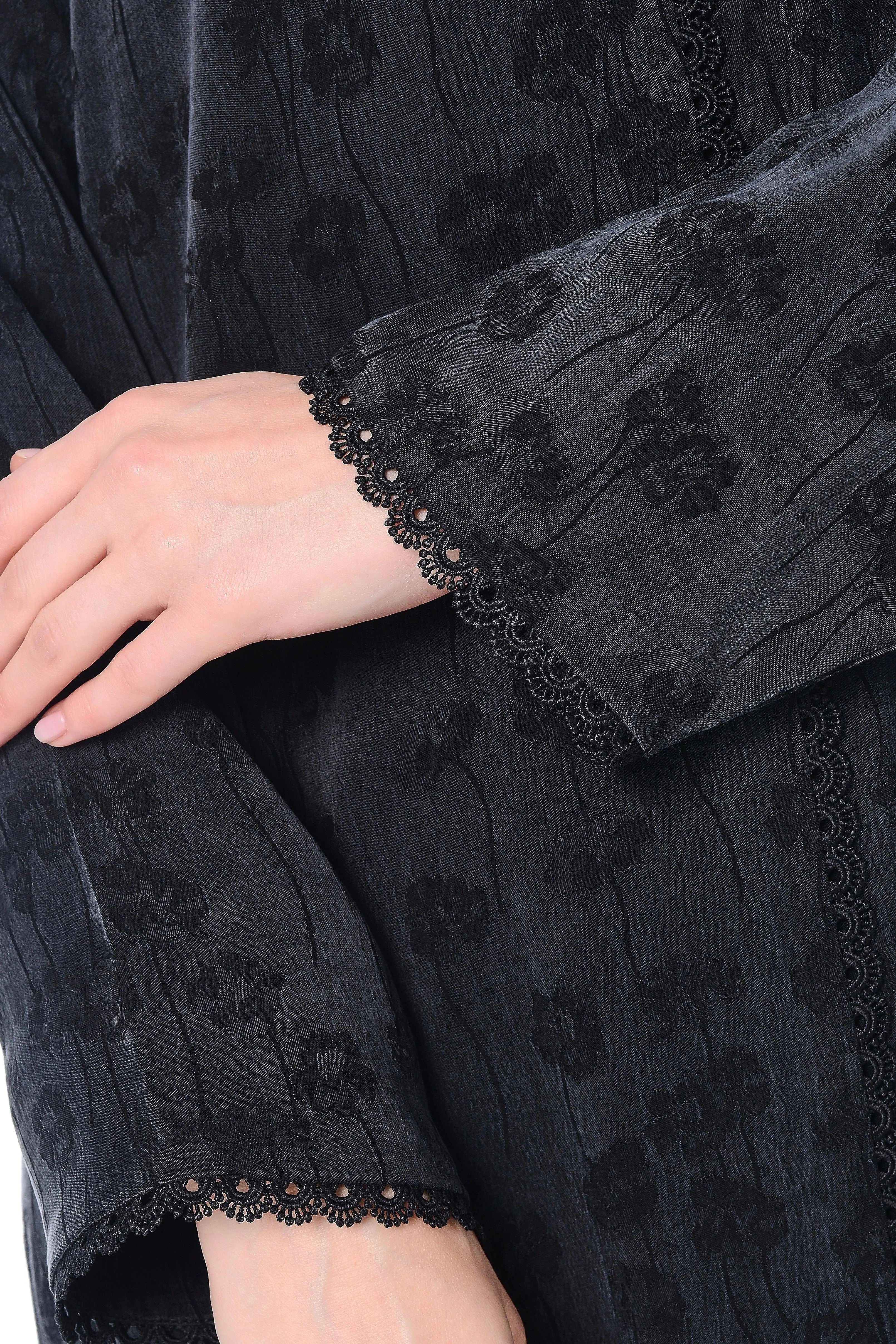 Black Furla Cupro Abaya with Front Overlap and Lace Detail - Posh Abaya