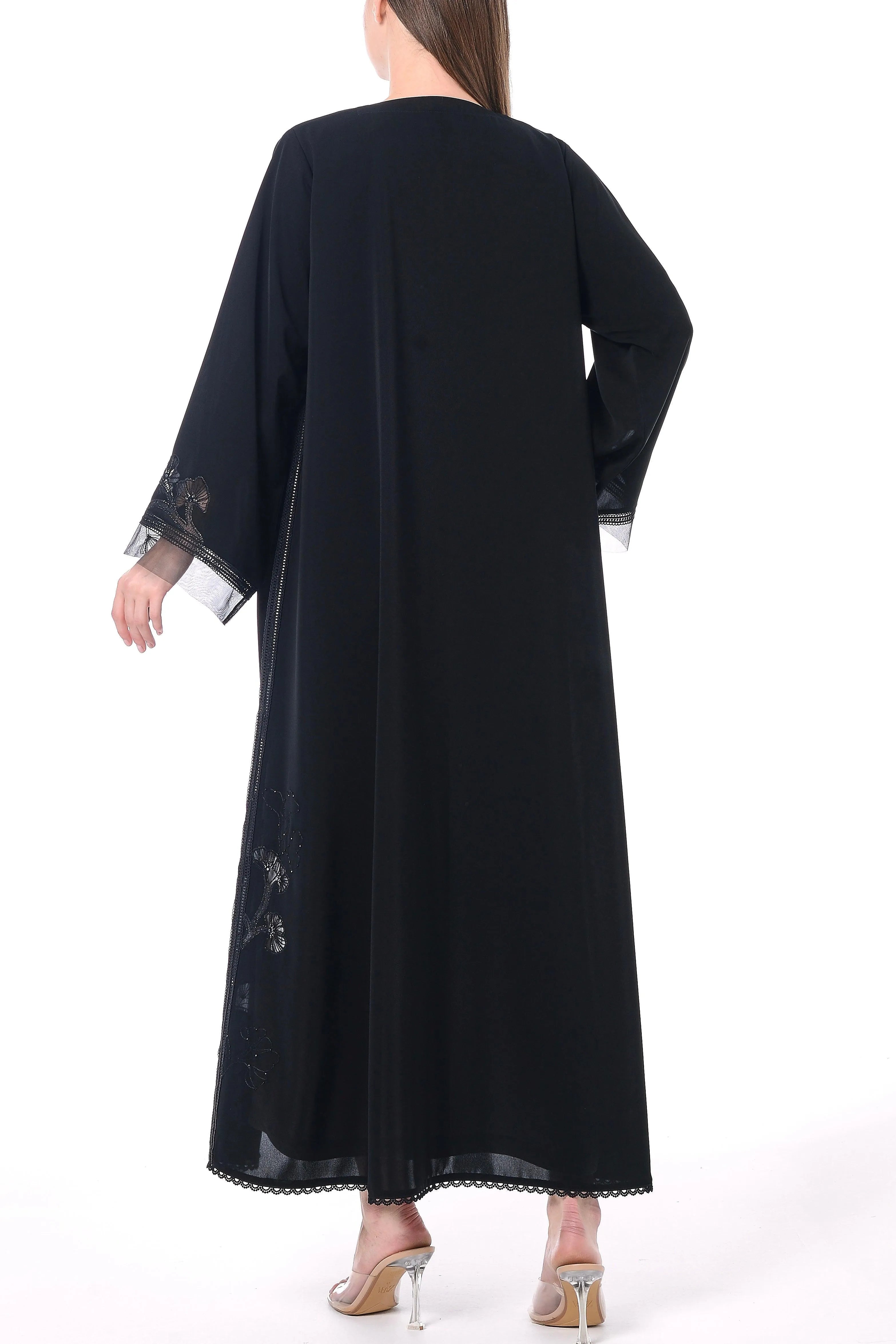Black Royal Nada Abaya with Floral Lacework Detail - Posh Abaya