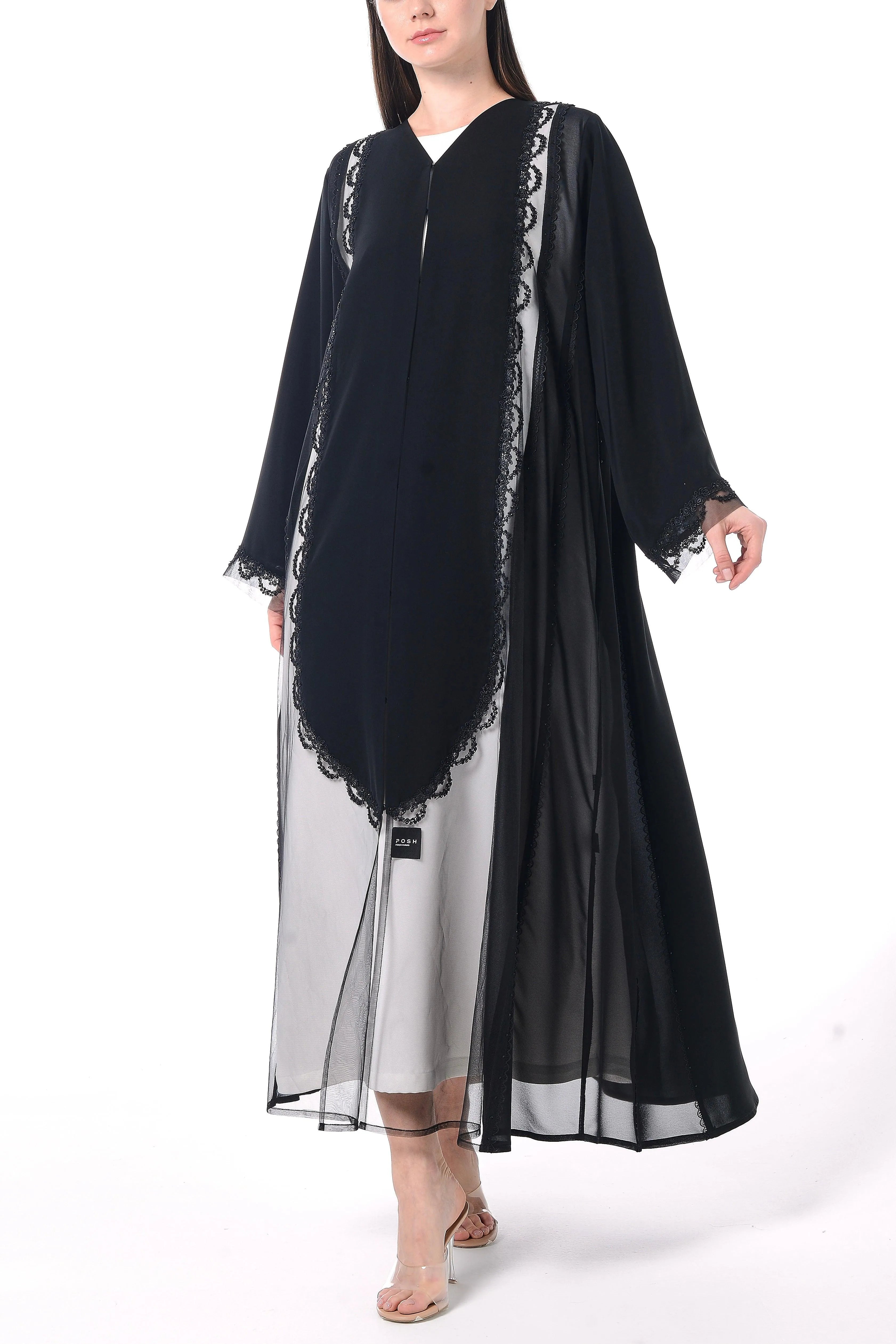 Black Royal Nada Abaya with Front Cuts Adorned by Lacework Detail - Posh Abaya
