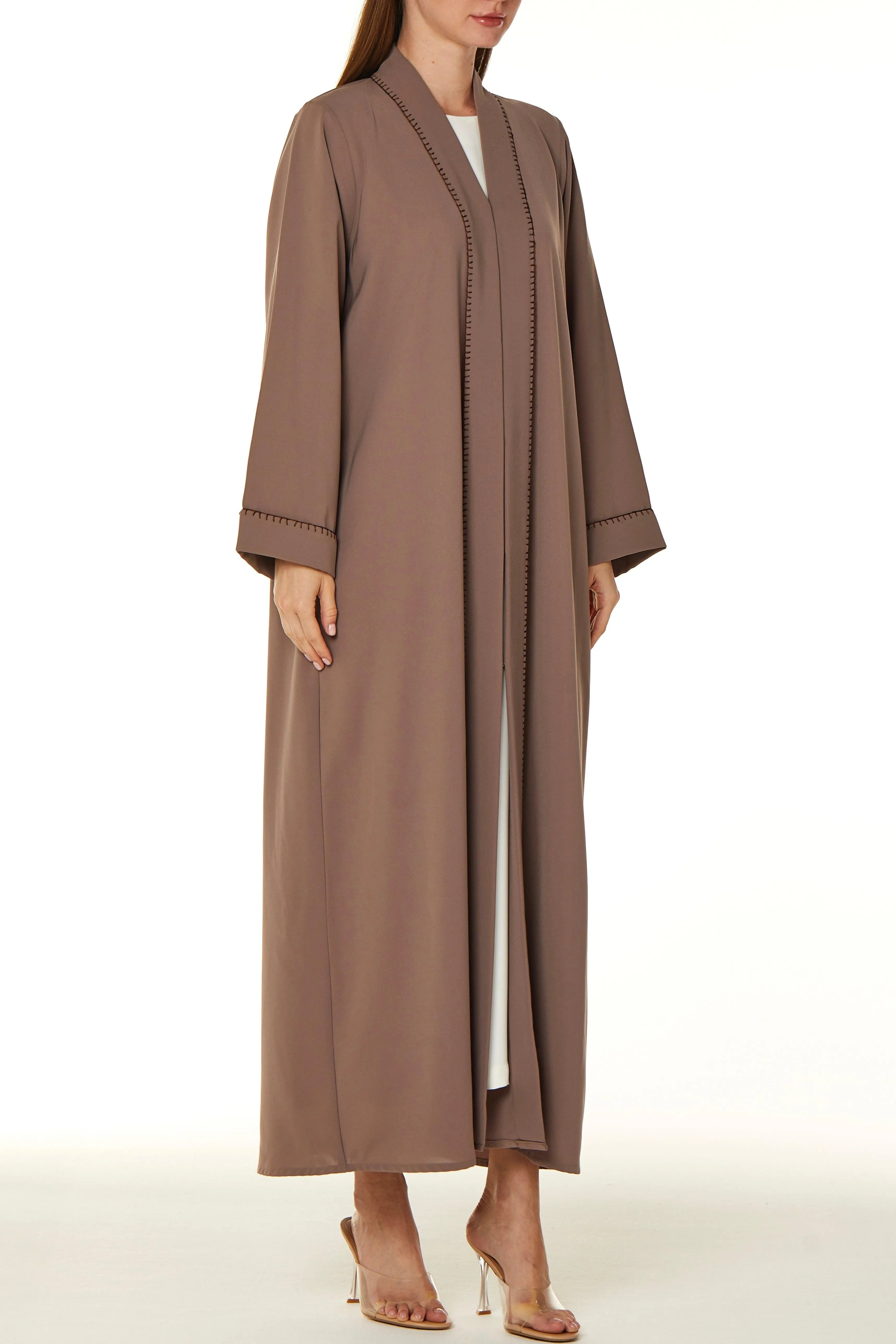 Brown Nova Crepe Abaya with Front Stitch Collar - Posh Abaya