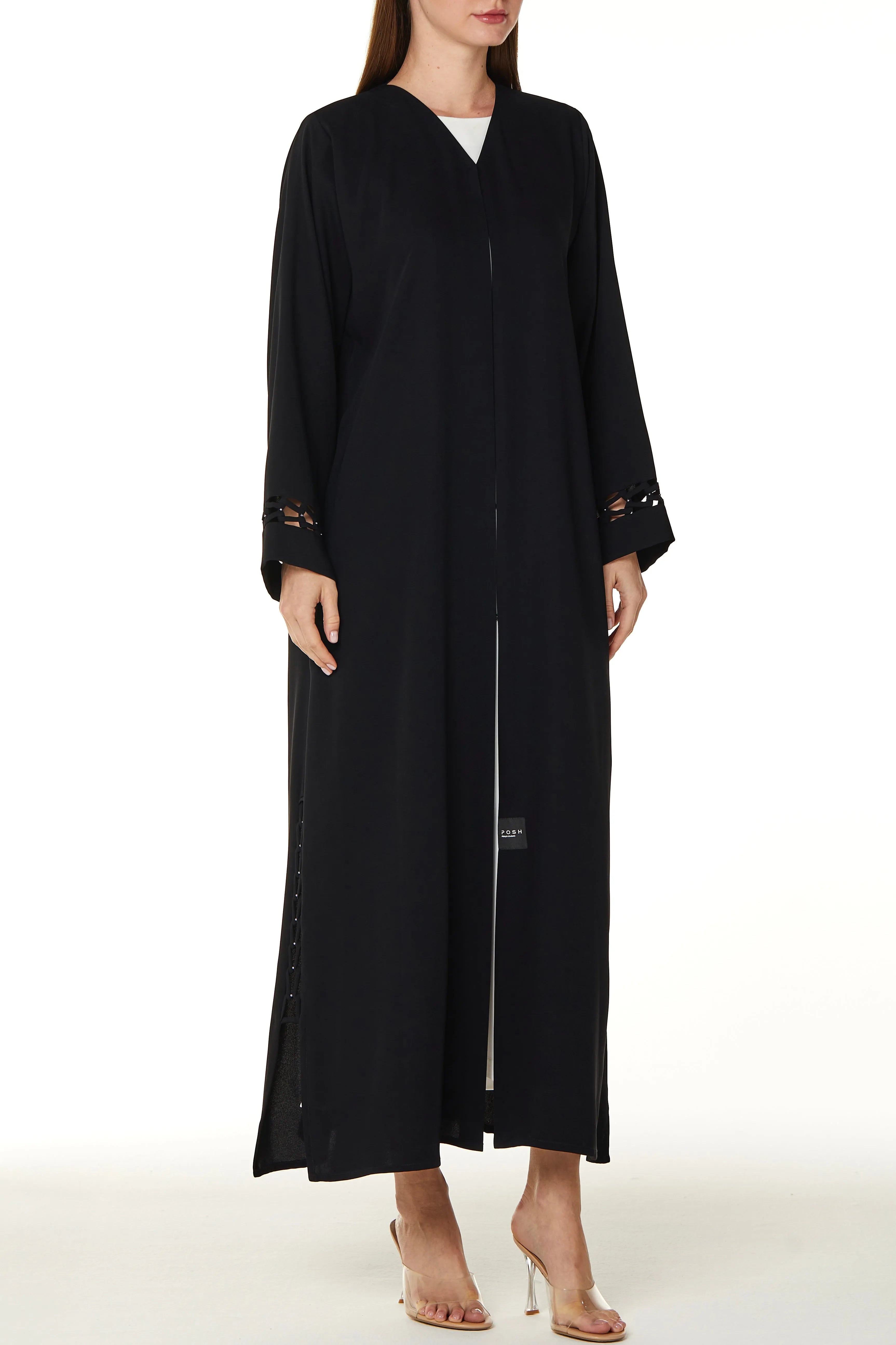 Black Layan Crepe Abaya with Side and Sleeves Loop Detail - Posh Abaya