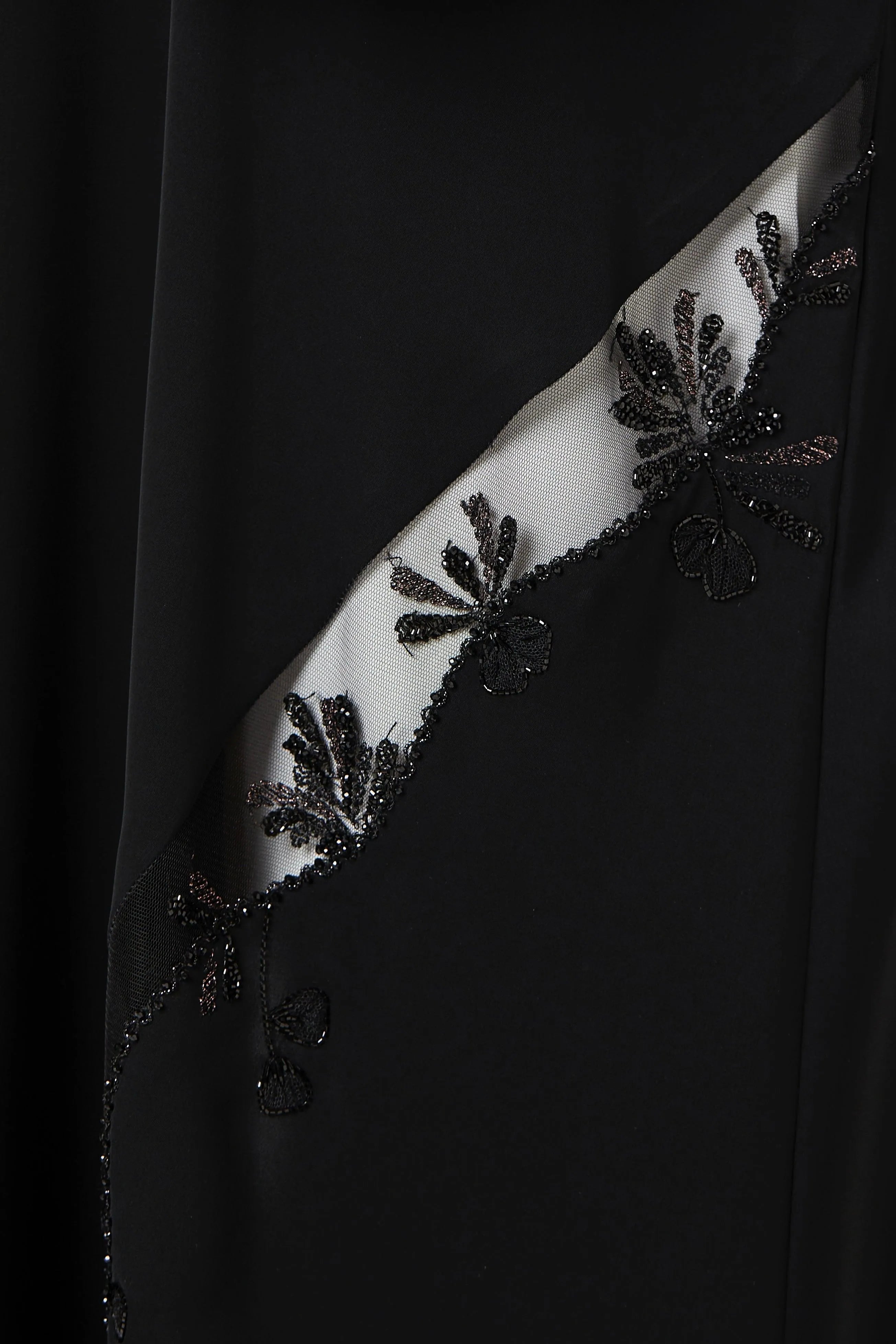Black Royal Nada Abaya with Copper Beadwork Detail Adorned with Tulle - Posh Abaya