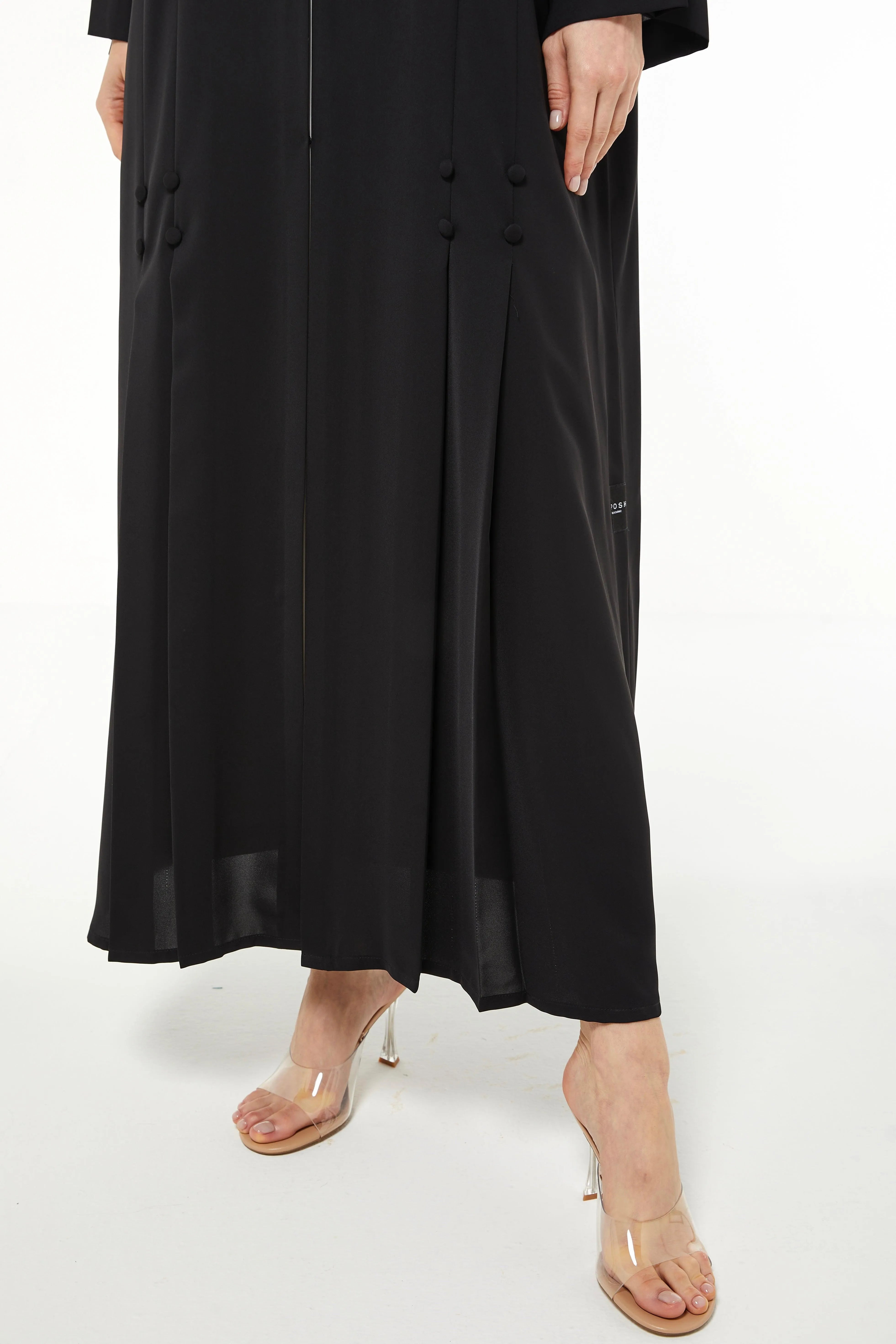 Black Remi Crepe Abaya with Sleek Pleat Buttons - Posh Abaya