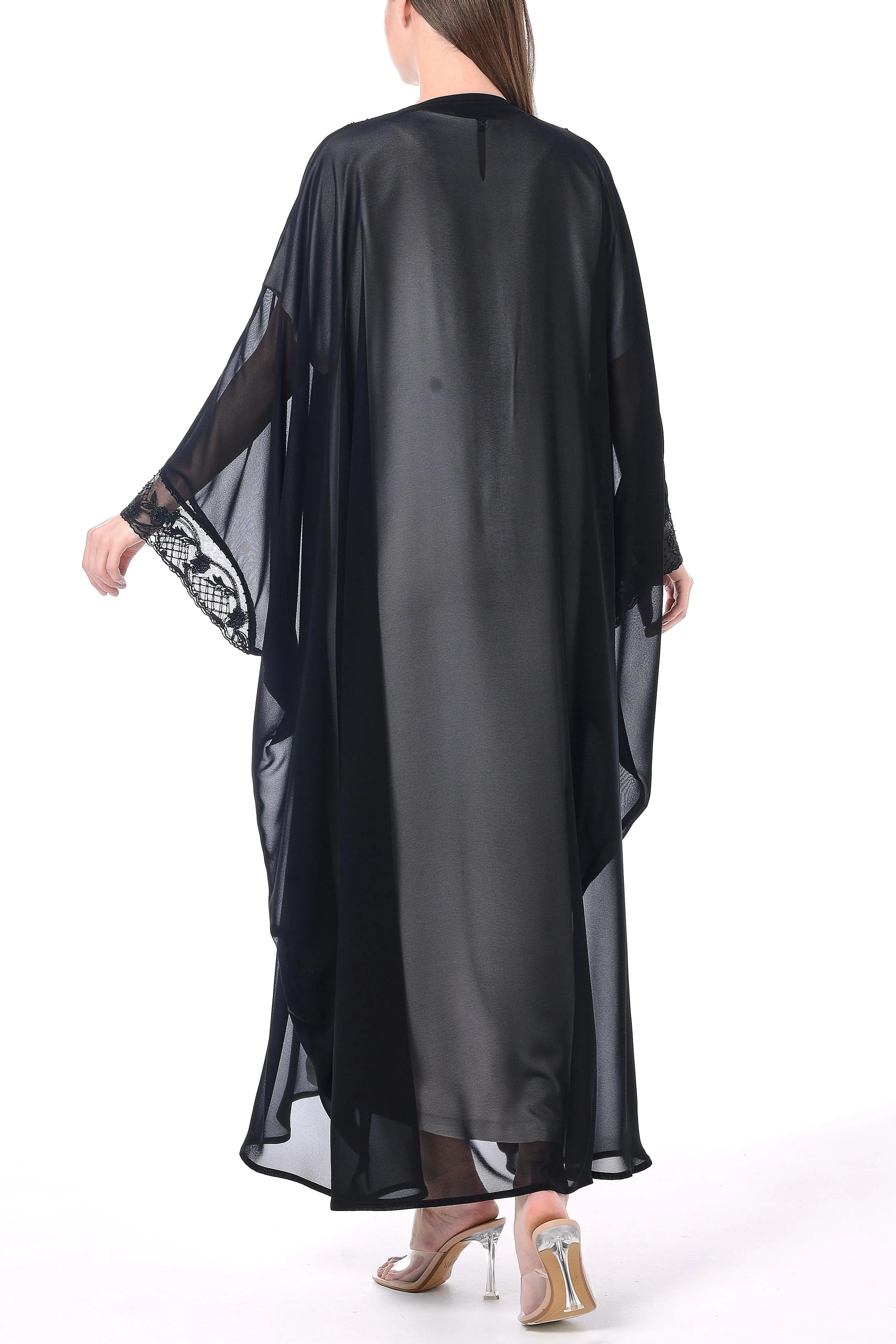 Black Malika Chiffon Bahraini Abaya with Lacework Details - Posh Abaya