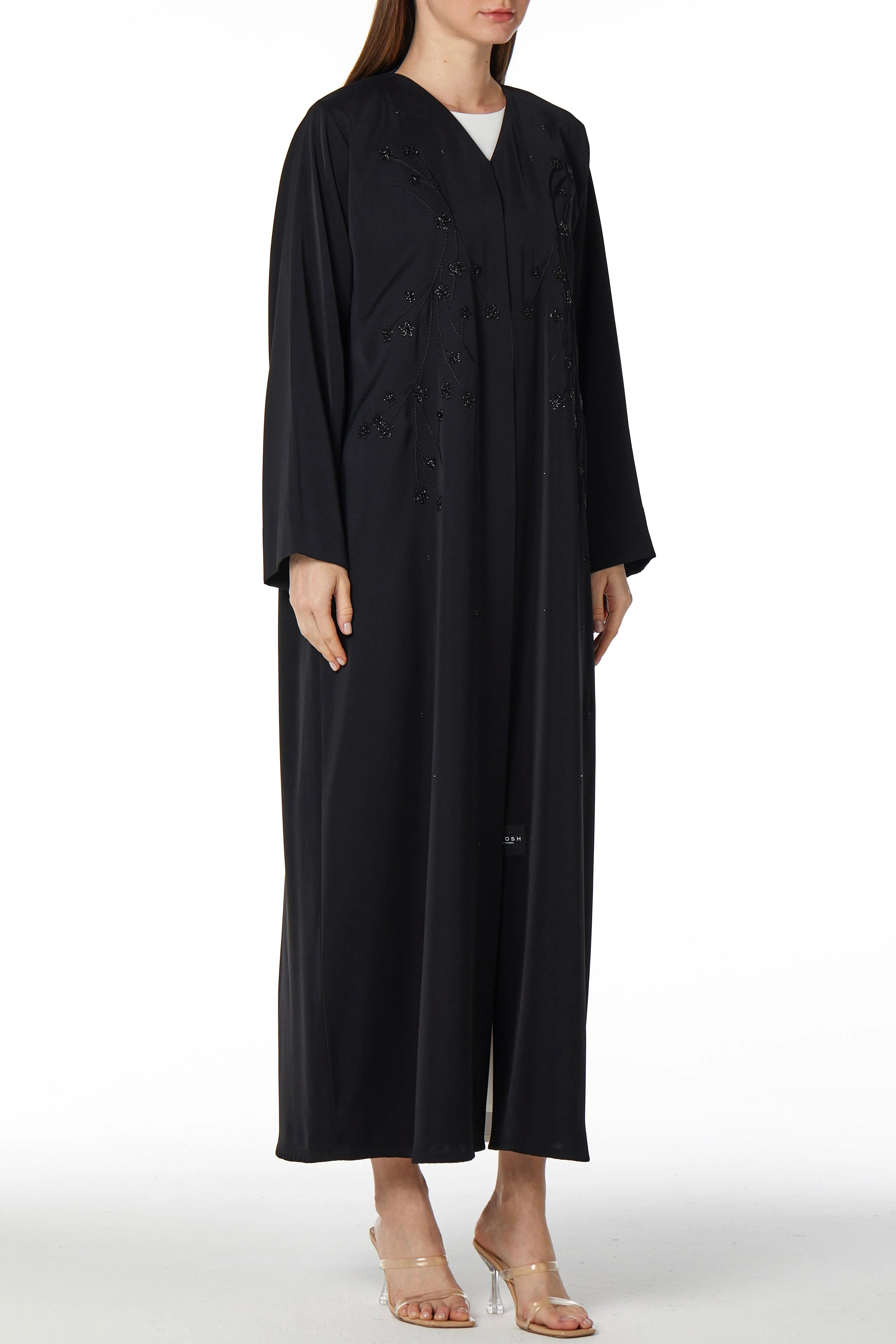 Black rose Crepe Abaya with Front Floral Threadwork - Posh Abaya