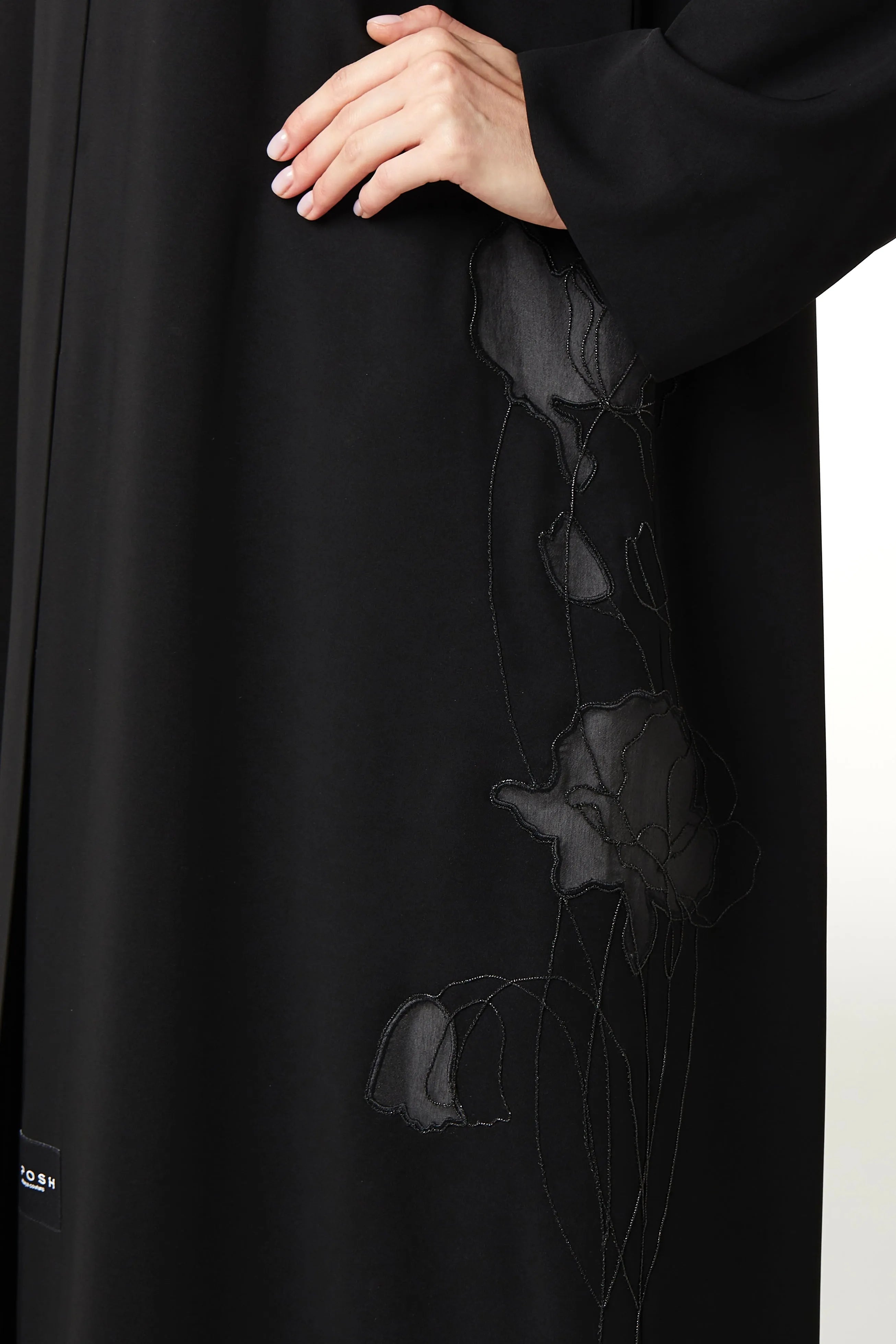 Black Aria Crepe Abaya with Floral Embroidery - Posh Abaya