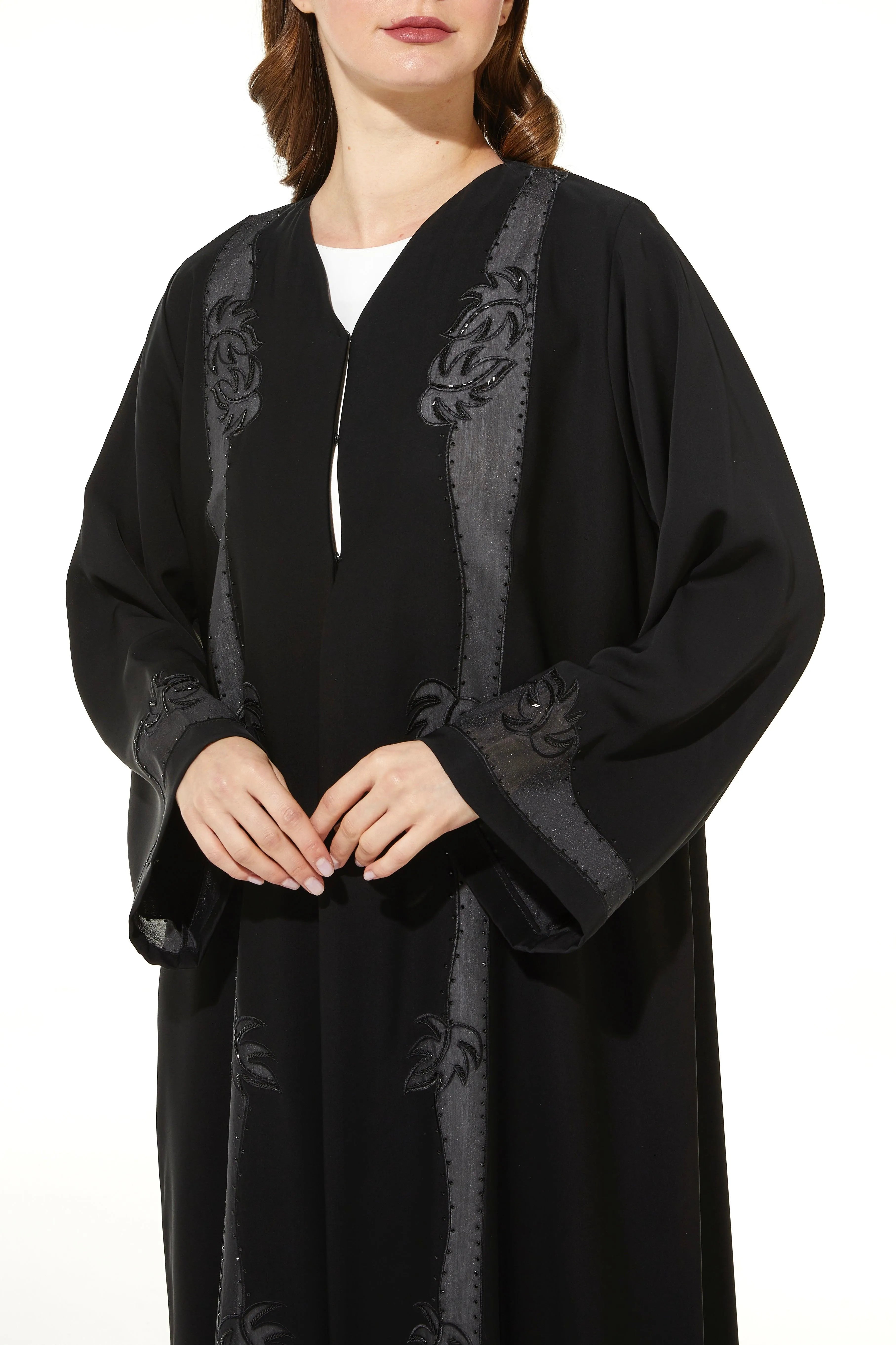 Black Classic Nada Abaya with Front Semi Floral Beadwork - Posh Abaya