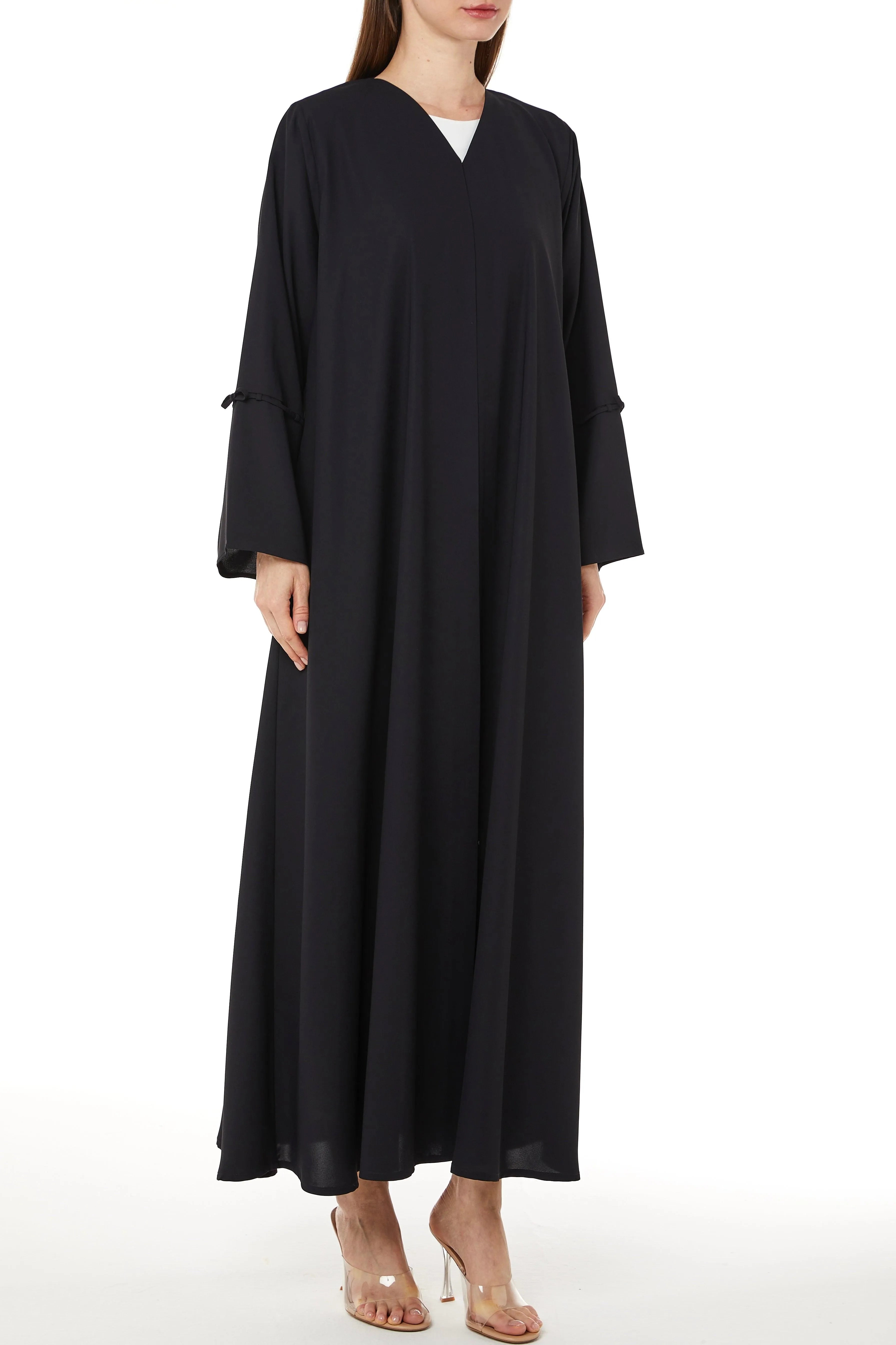 Black Cool Crepe Abaya with Miniature Bow Ties on Sleeves - Posh Abaya