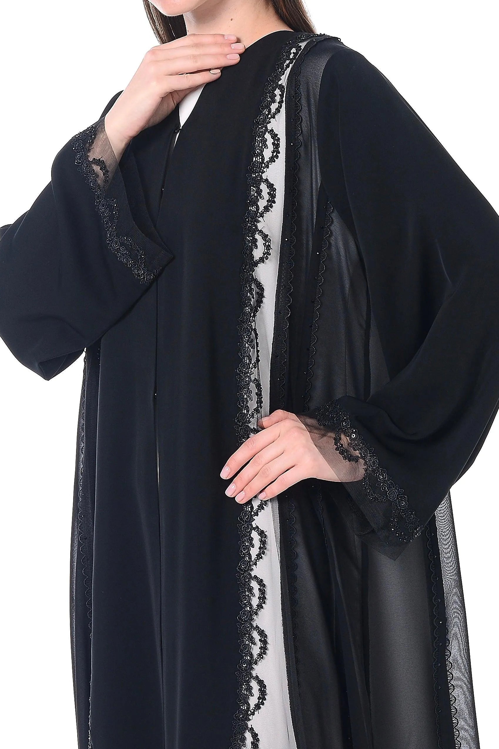 Black Royal Nada Abaya with Front Cuts Adorned by Lacework Detail - Posh Abaya