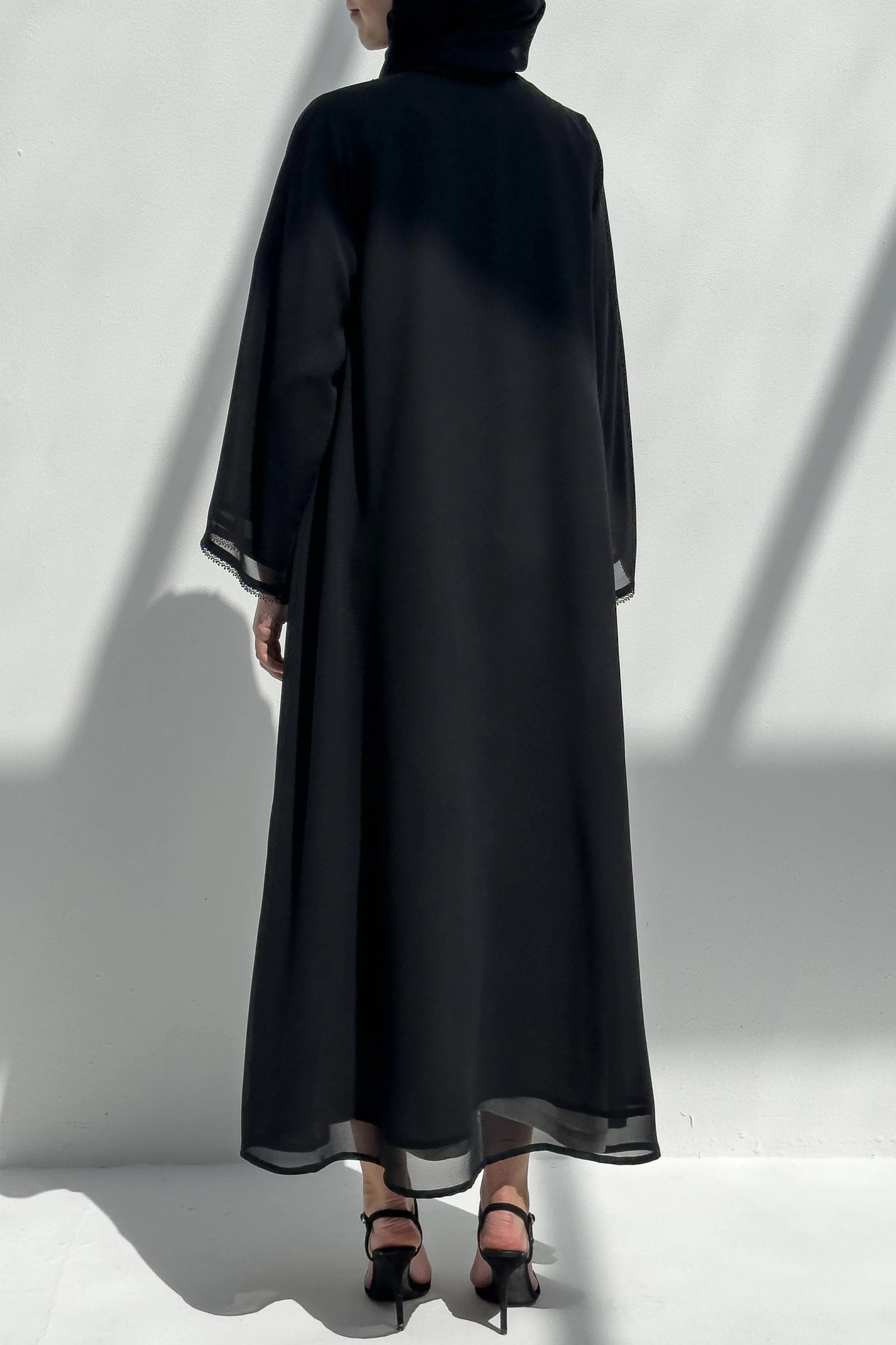 Black Malika Chiffon with Front Lace and Shiny Beads - Posh Abaya