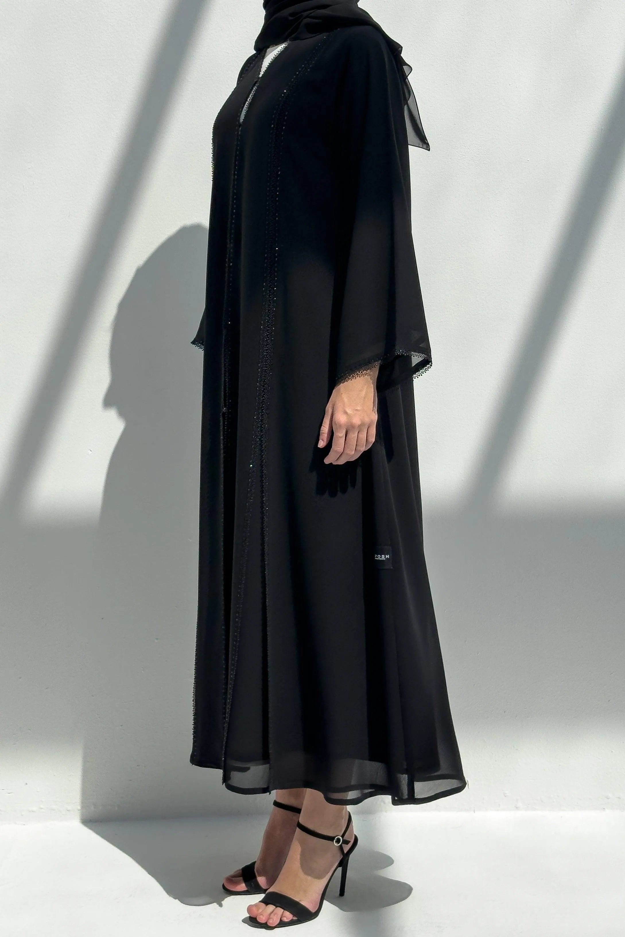 Black Malika Chiffon with Front Lace and Shiny Beads - Posh Abaya
