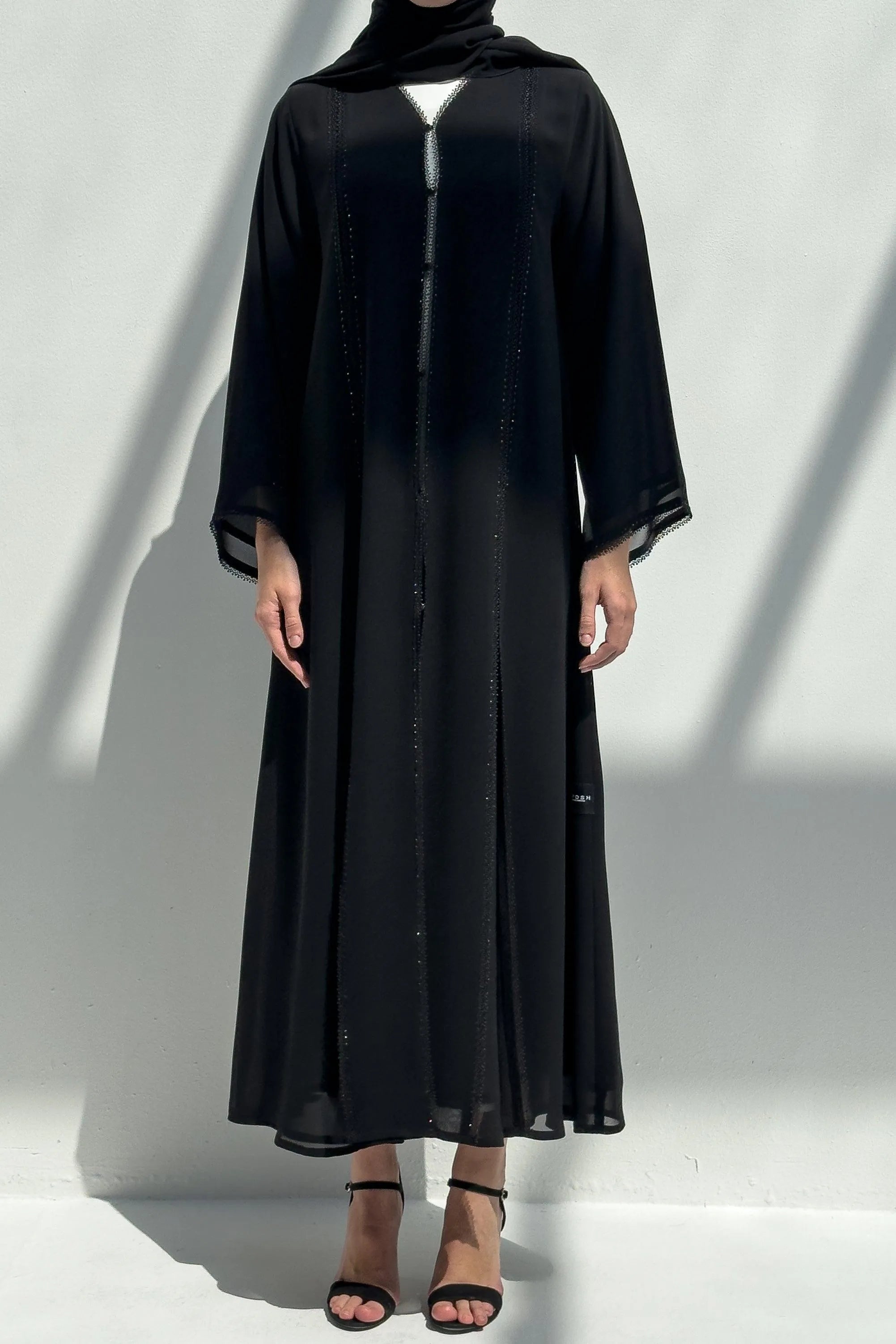 Black Malika Chiffon with Front Lace and Shiny Beads - Posh Abaya