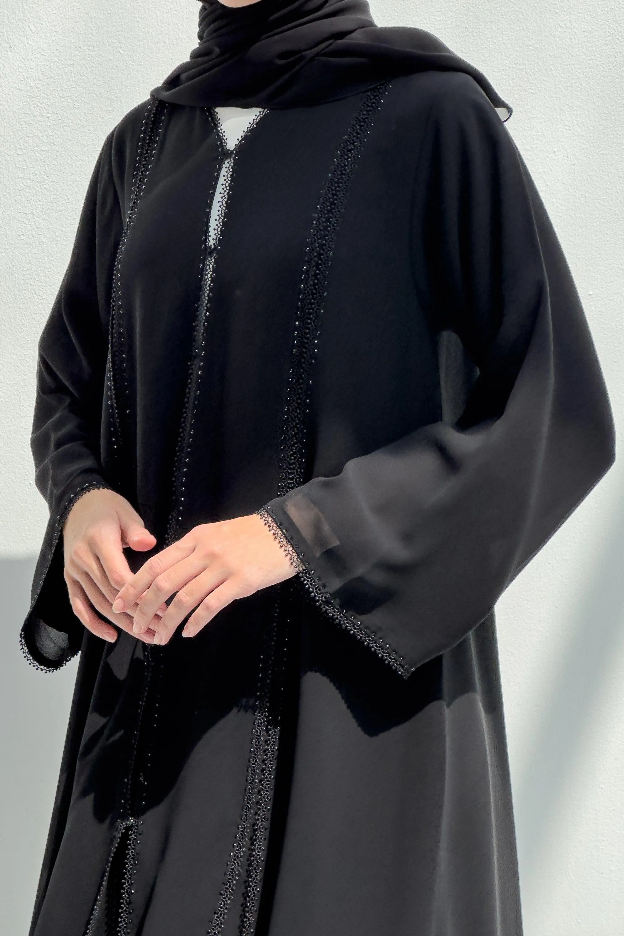 Black Malika Chiffon with Front Lace and Shiny Beads - Posh Abaya