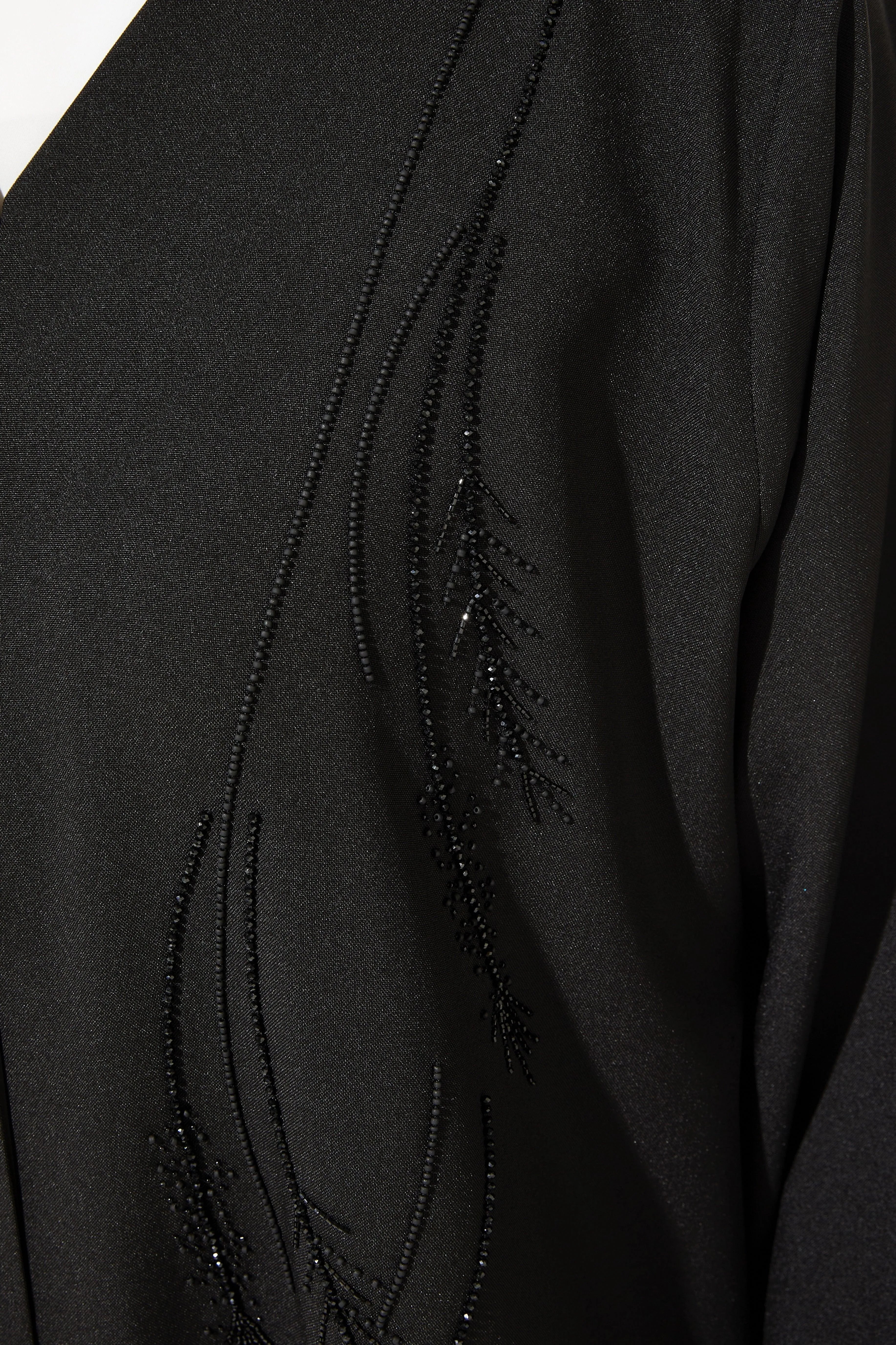 Black Classic Crepe Custom Abaya with Semi-Floral Beadwork - Posh Abaya