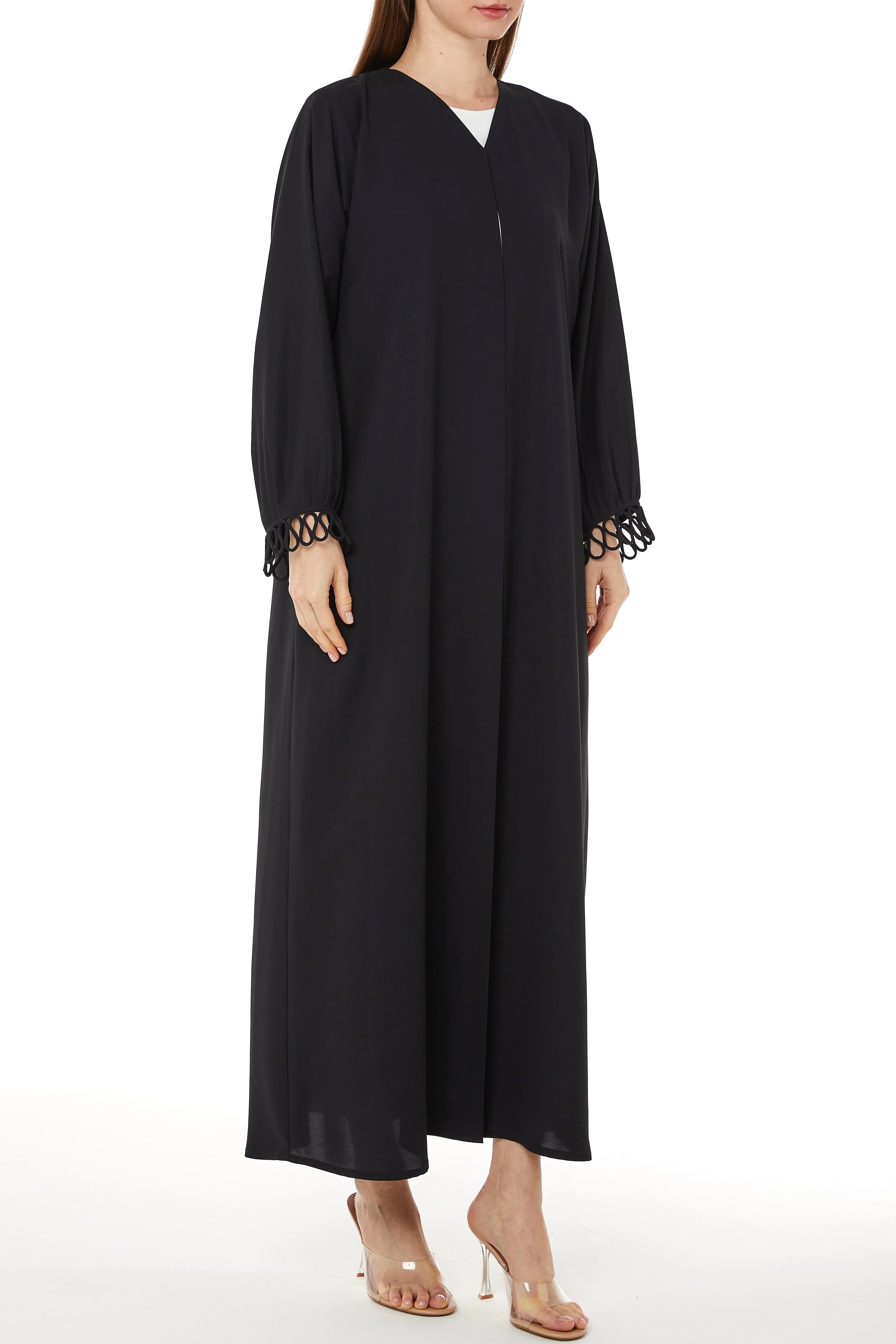 Soft Crepe Loop Detail Black Abaya - Posh Abaya